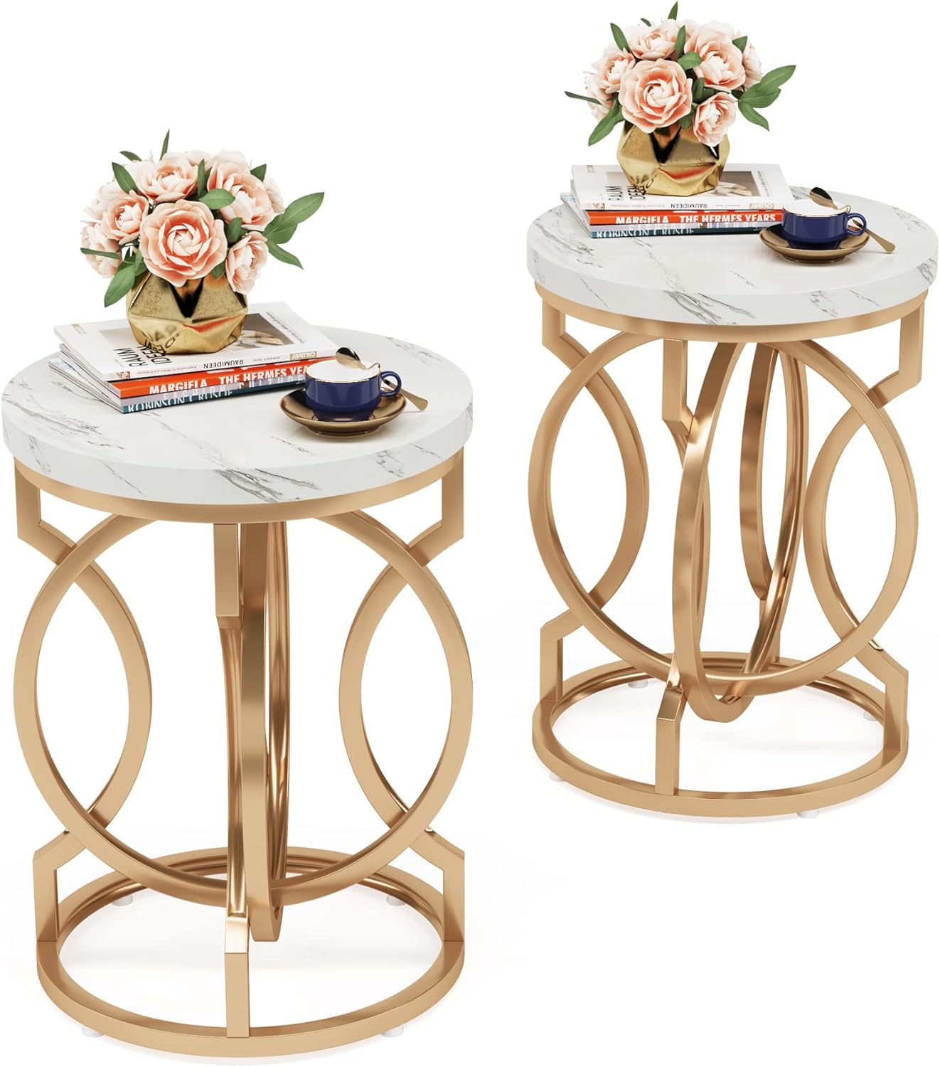 Tribesigns Modern Round End Table Set of Two with Thick Faux Marble Top