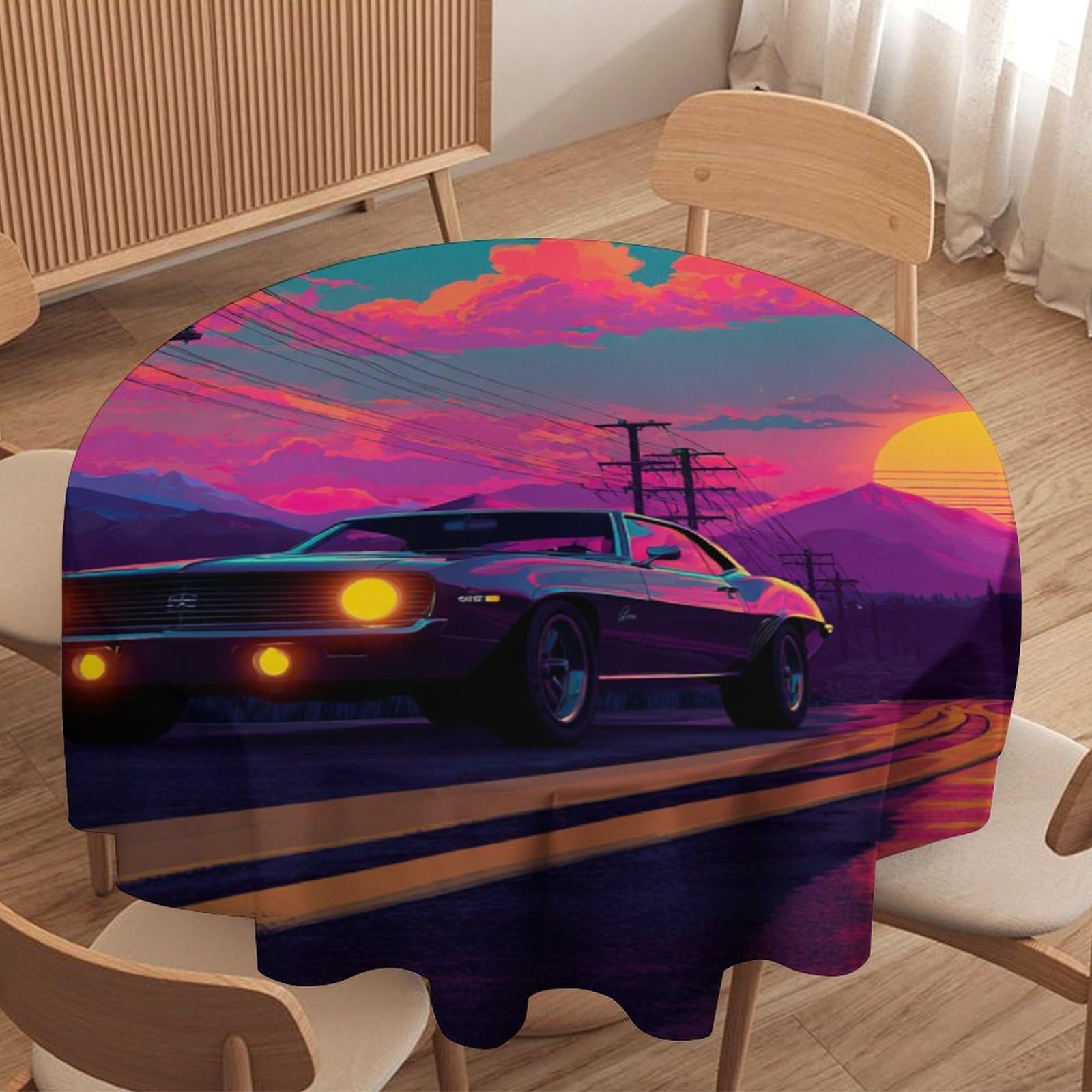 LUYYSKY Colorful Steampunk Classic Car Round Tablecloth Vintage Realistic Sunset Landscape Antique Car Print Washable Decor for Table Cover for Kitchen-152.4" Wx152.4 L cm