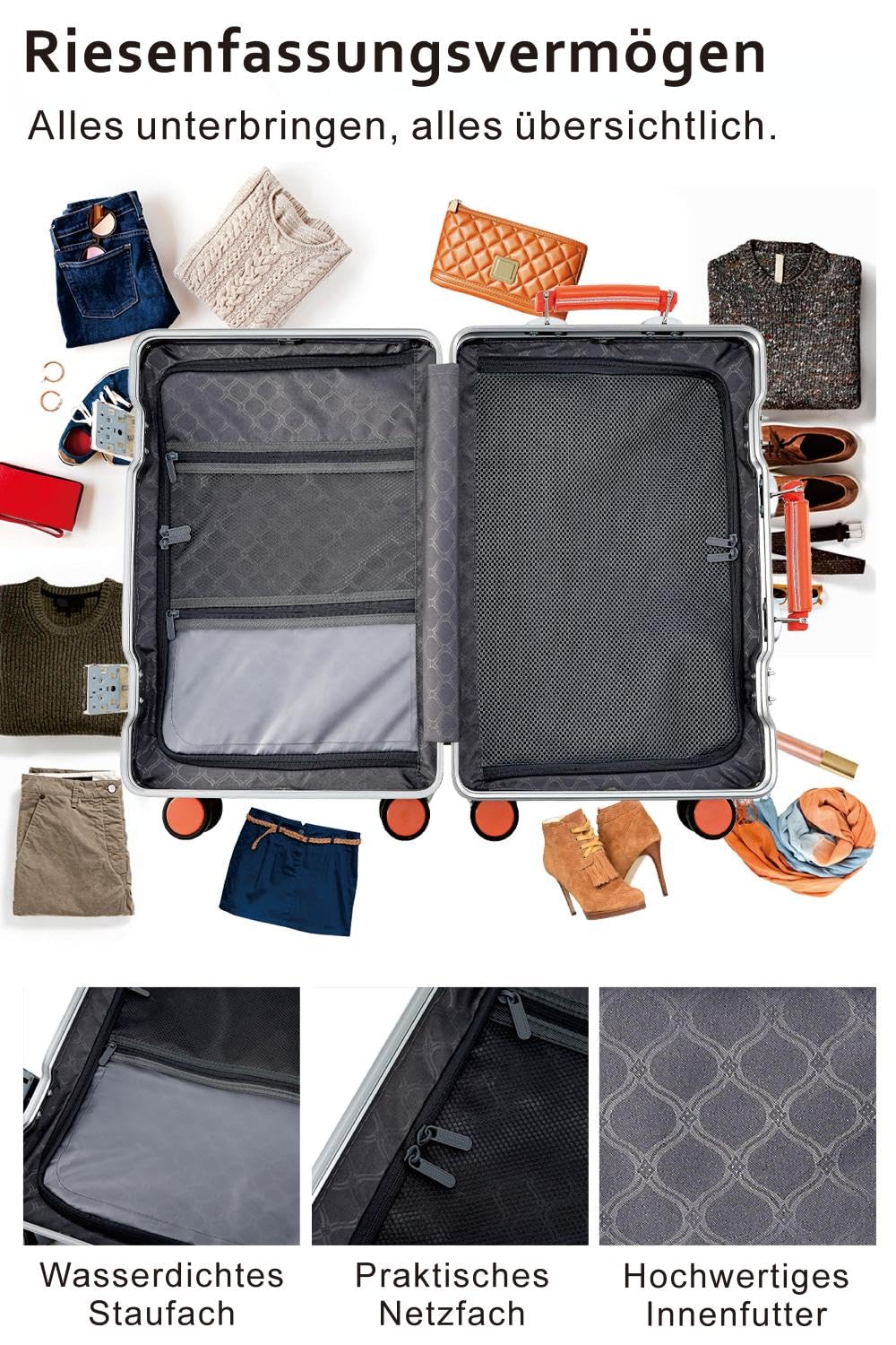 Aoliwei Aluminium-Rahmen Koffer Extra Großer XL (80cm) – Premium Hartschalen-Trolley für Reisen ab 13 Tagen, mit braunem Echtleder-Griff, TSA-Schloss & & 360° Silent-Doppelrollen, Silber