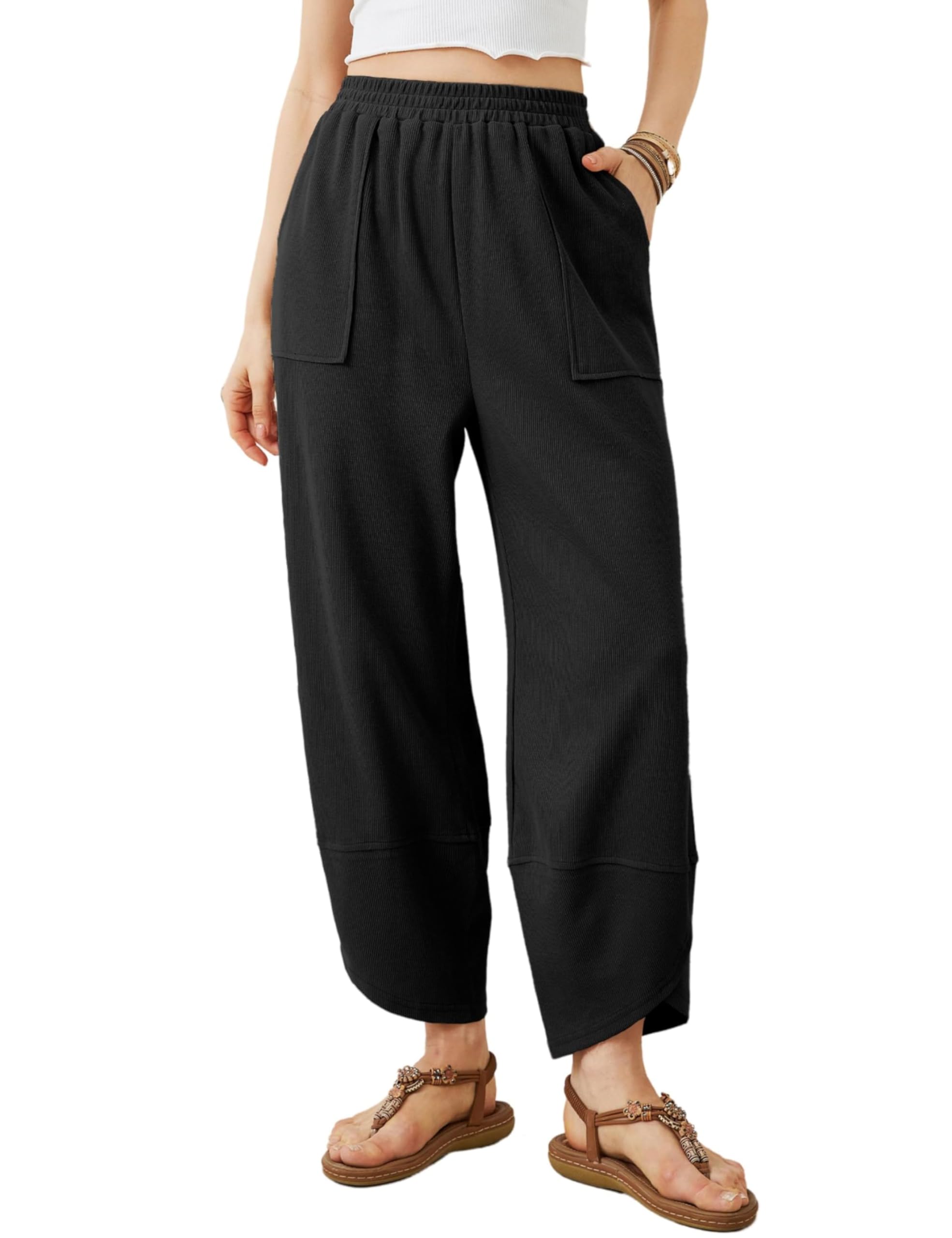 Womens Baggy Wide Leg Pants Summer Casual Elastic Waist Palazzo Harem Pants with Pockets