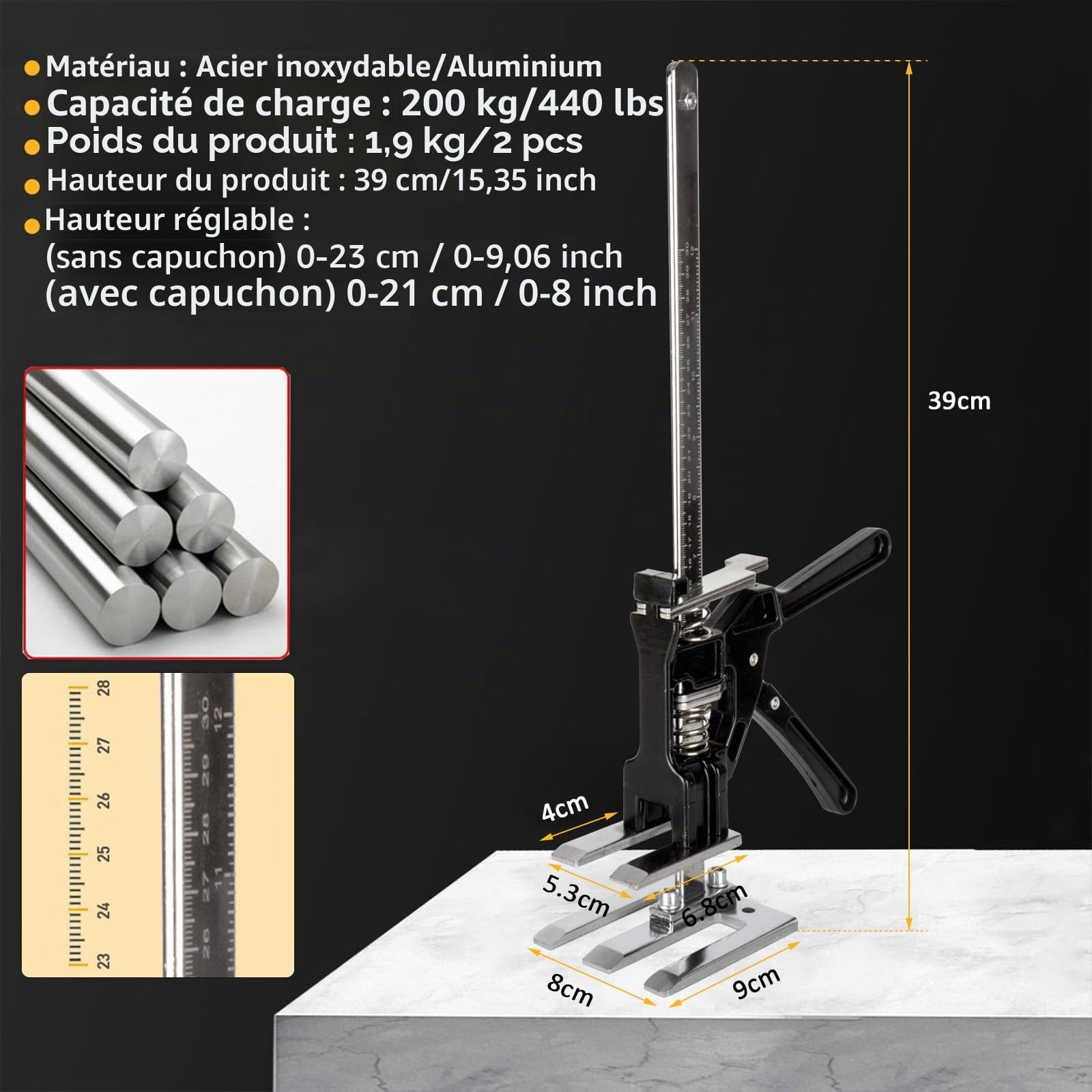 2 Pièces Leve Plaque Placo, Système de Nivellement des Carreaux Outil, Réglable Deplace Meuble, Avec échelle Pour Les Sols, les Fenêtres et les Armoires-Capacité Jusqu'à 400kg/880lbs(39cm)