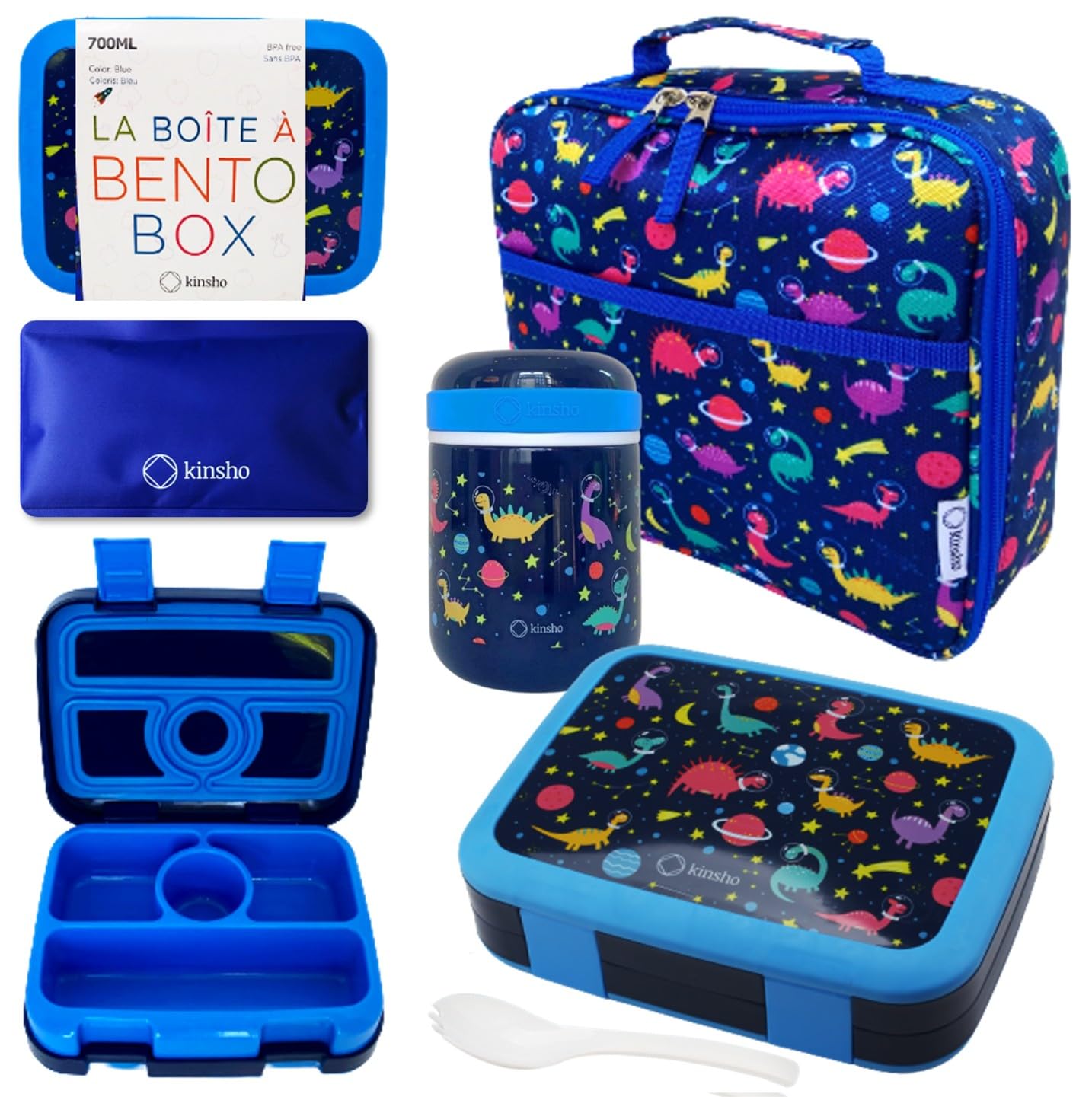 kinsho kids Bento Lunch Box Set with Thermo Bag &amp; Ice Pack, Blue Space Dino