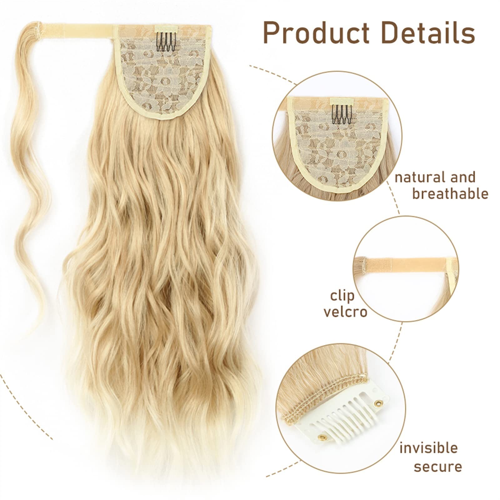 Cola de caballo trenzada de 20 pulgadas de pelo sintético esponjoso cola de caballo para mujeres uso diario cola de caballo larga ondulada con 2 piezas de flequillo lateral frontal envolvente extens