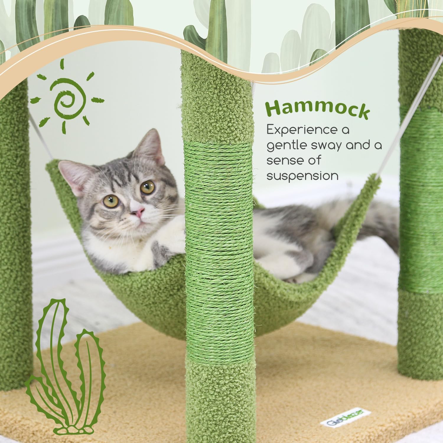 review F60 Cactus Cat Tree for Indoor Multiple Cats, 61.8in Green Cat Climbing Tower Cactus Scratching Post with 2 Large Cat Condo, Hammock, 2 Platform, Sisal Rope and Dangling Ball, Green