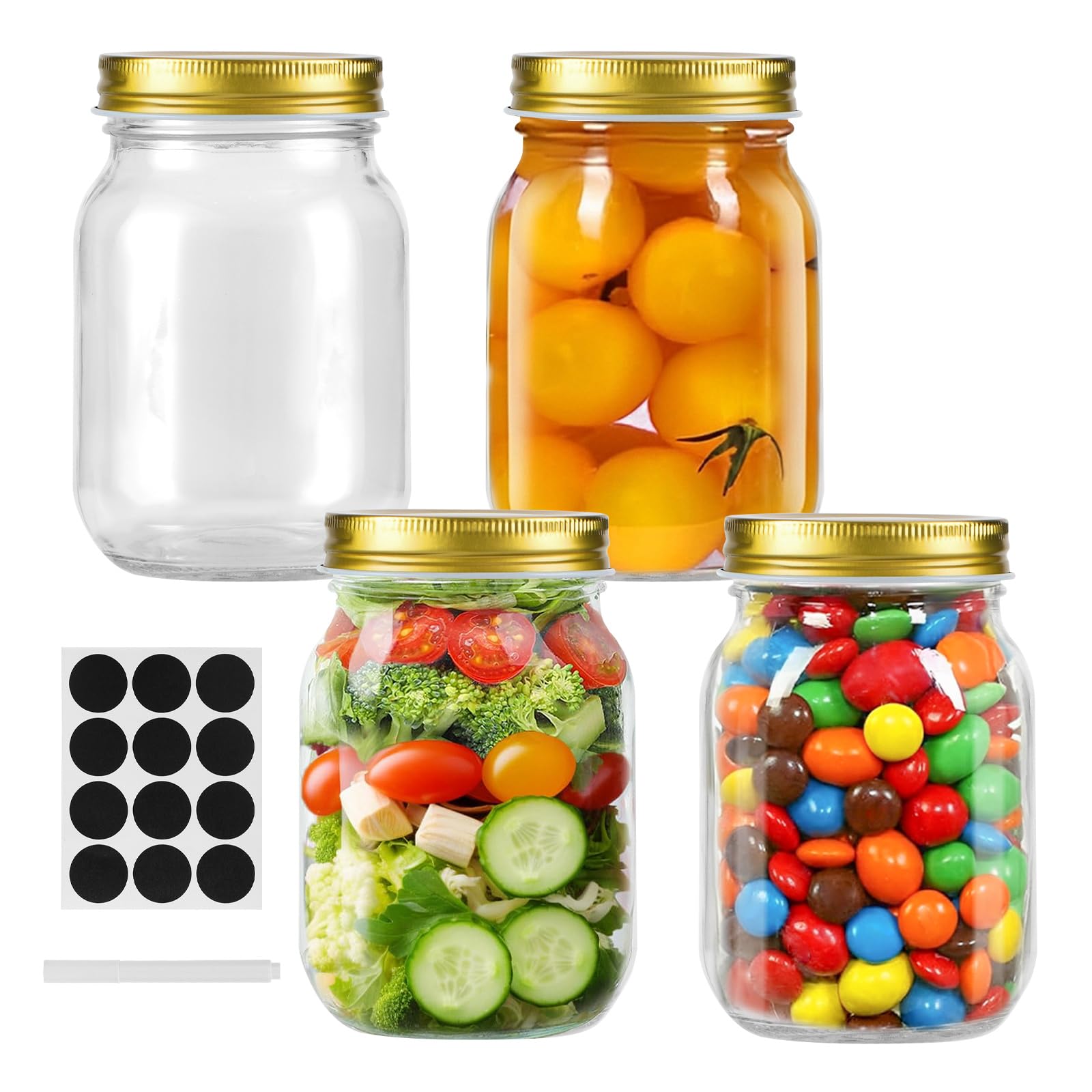Glass Regular Mouth Mason Jars, 16 oz Clear Glass Jars with Silver Metal Lids for Sealing, Canning Jars for Food Storage, Overnight Oats, Dry Food, Snacks, Candies, DIY, Meal Prep (Golden, 4PACK)