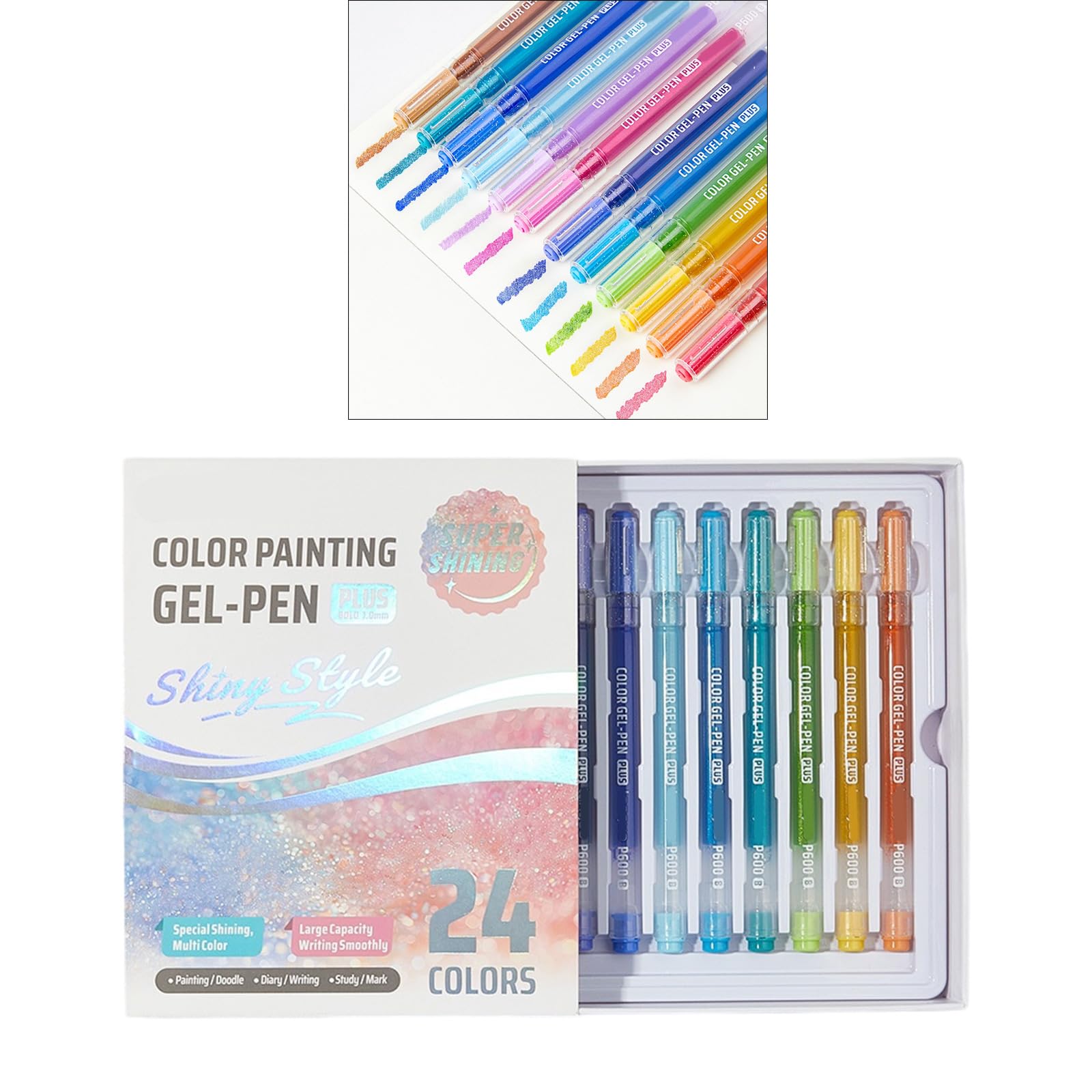 Lot de stylos à encre gel pailletée pour journal et croquis 24/48 dans un plateau pour écrire, étudier, marquer et prendre des notes