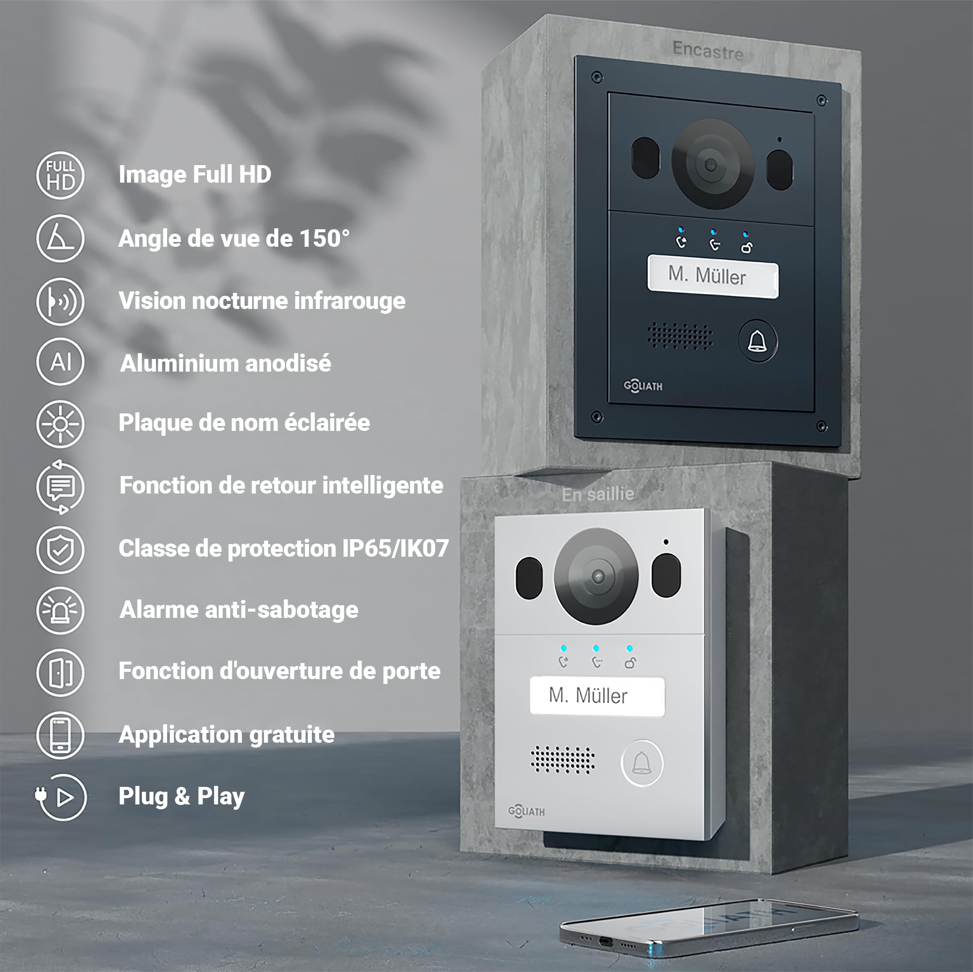 Goliath Interphone vidéo Basique, Bus 2 Fils, Moniteur de 7 Pouces, Sonnette en saillie avec caméra, interphone avec Ouverture de Porte, Maison individuelle, Application pour Smartphone