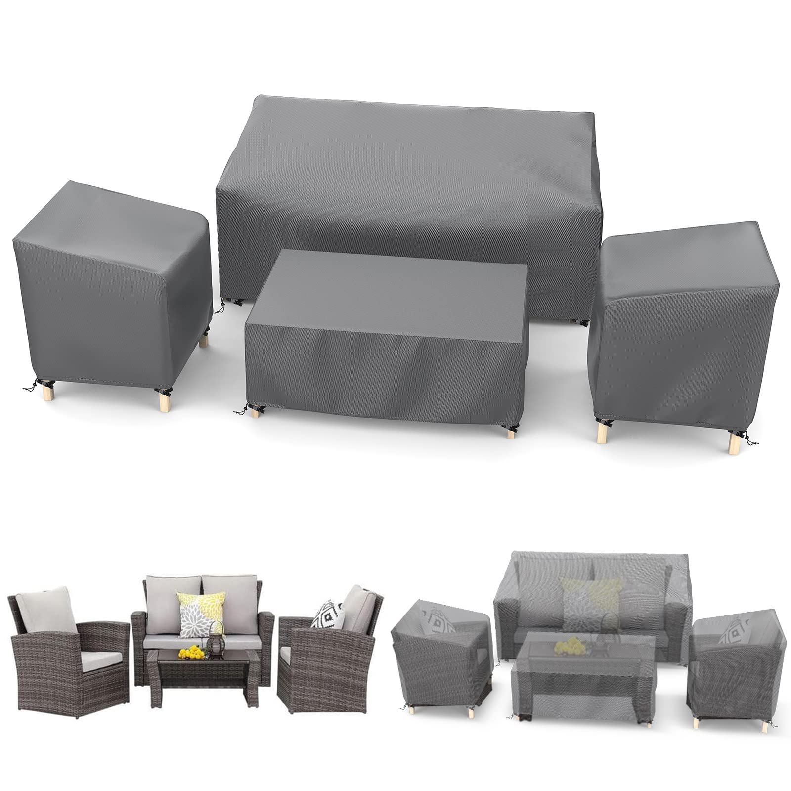 STARTWO Outdoor Patio Furniture Covers Waterproof 4-Piece Set, for Chairs 33in, Loveseat 58in, Coffee Table 46in, Heavy Duty 600D, Grey