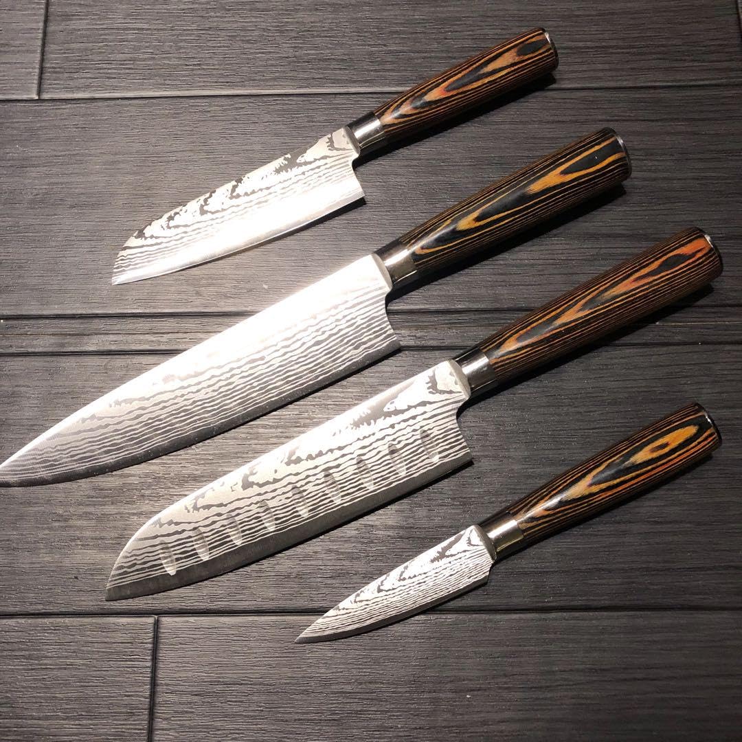 新品　高級三徳包丁　シェフナイフ　ダマスカス　包丁　フルーツナイフ　4本セット 新品高級三徳包丁シェフナイフダマスカス包丁フルーツナイフ4本セット
