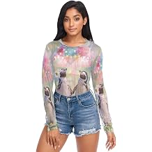 panksolu Penguin Mushroom Umbrella Pattern Women's Long Sleeeve Mesh Shirt Sheer See Through Top Blouse,S