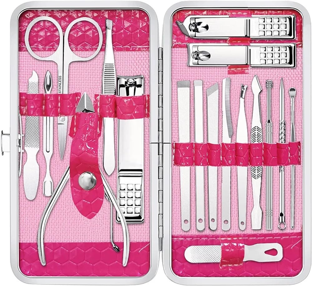 Manicure Set Nail Clippers Pedicure Kit -18 Pieces Stainless Steel Manicure Kit, feelhigh Professional Grooming Kits, Nail Care Tools with Luxurious Travel Case (Pink)-image-48