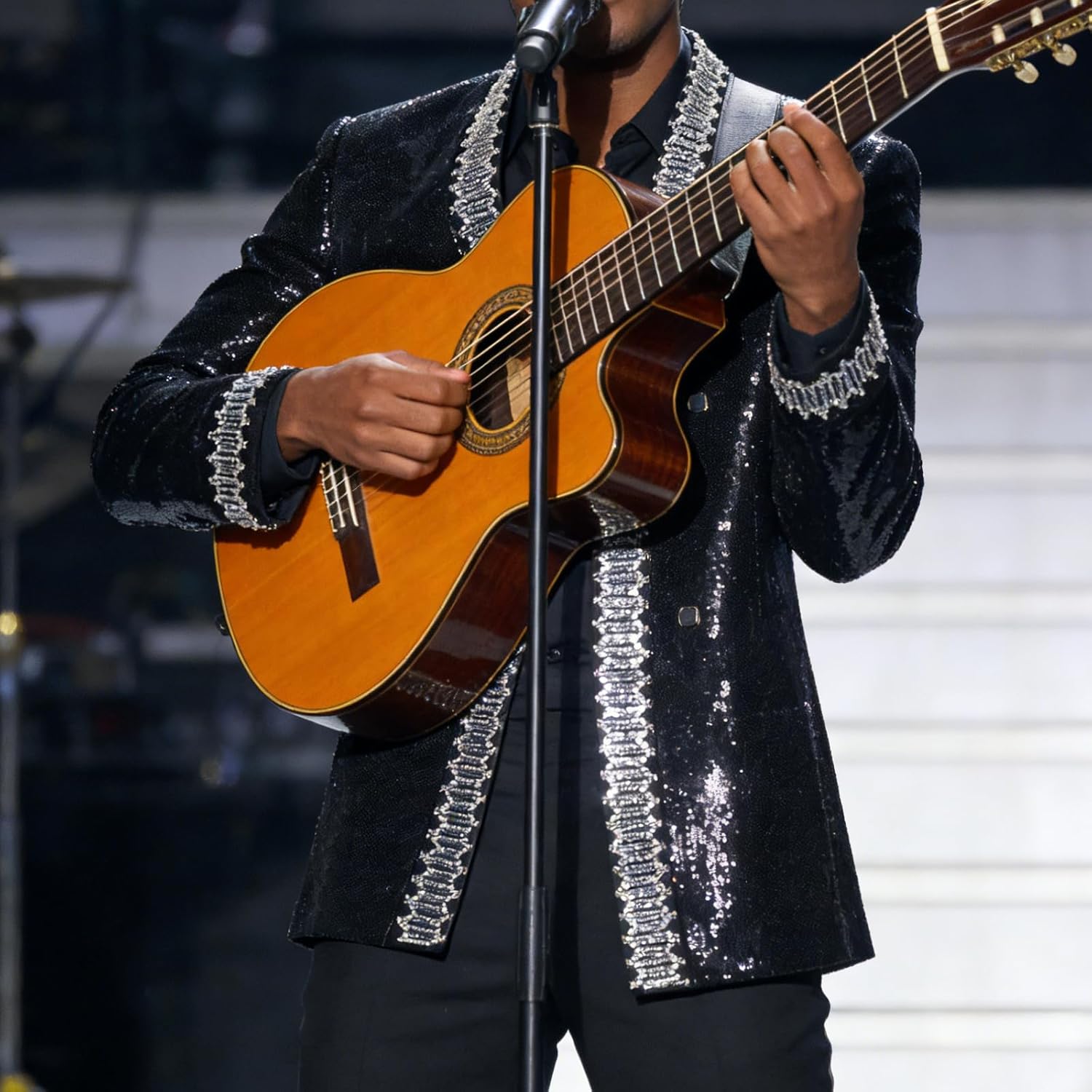 Men's Sequined Blazer, Black with Silver Trim, Performance Stage Jacket for Wedding Banquet