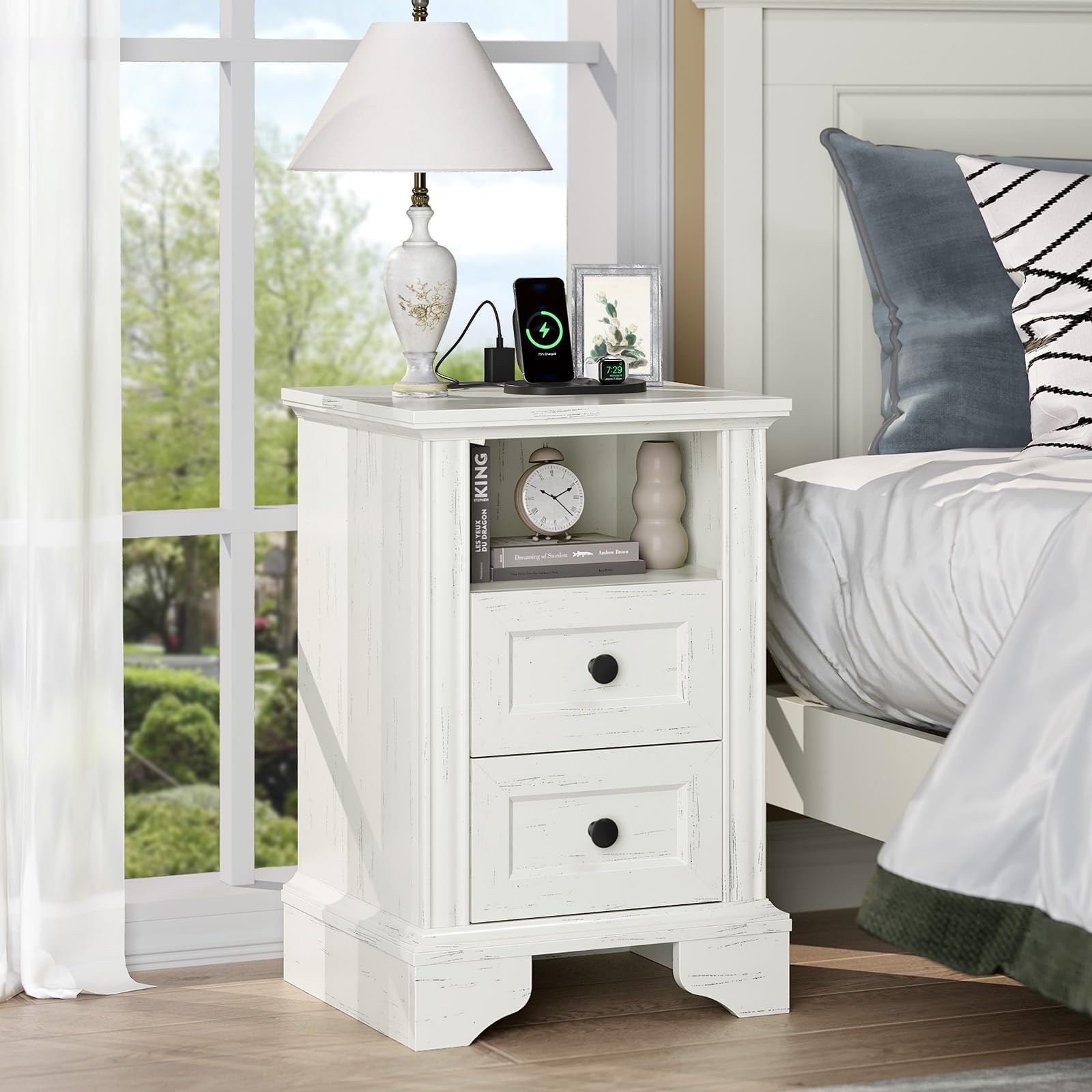 VINGLI White Nightstand with Charging Station, Wood Bedside Table with Drawers, End Table, 15.74" W x 13.78" D x 23.62" H