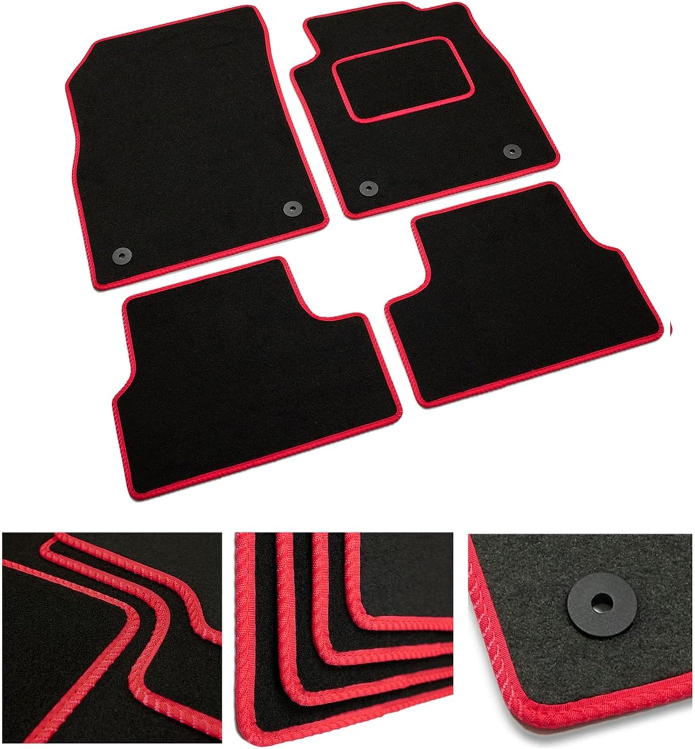 Tailored Car Mats - Compatible with Vauxhall Corsa D 2007-2013 - Black Carpet - Non-Slip Carpet Mat - 4 Piece Floor Mats with 4 Clips - Red Trim