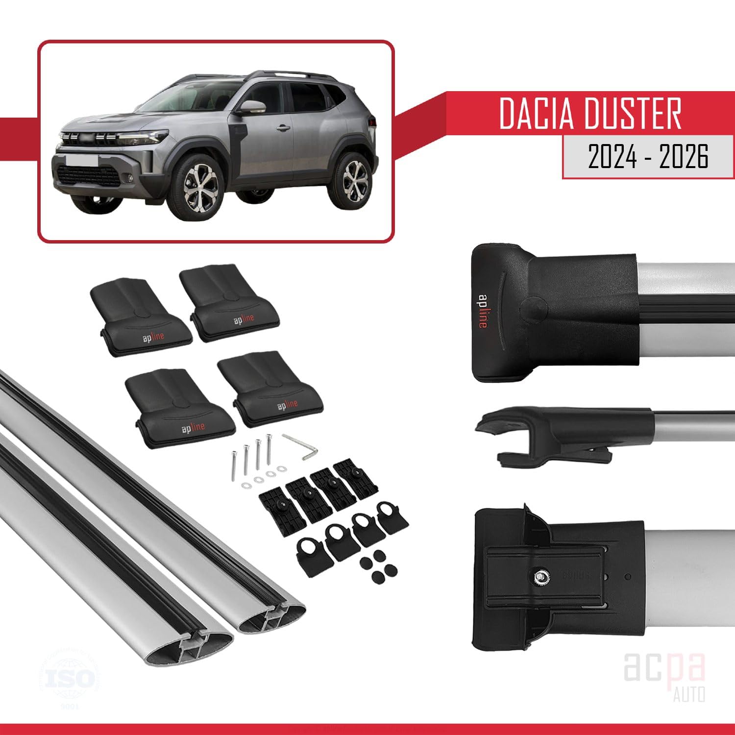 Compatible con Dacia Duster 3 (P1310) 2024-2026 Fly Model Barras de Techo Auto Portaequipajes Barras Transversales Gris Aluminio 2 Barras
