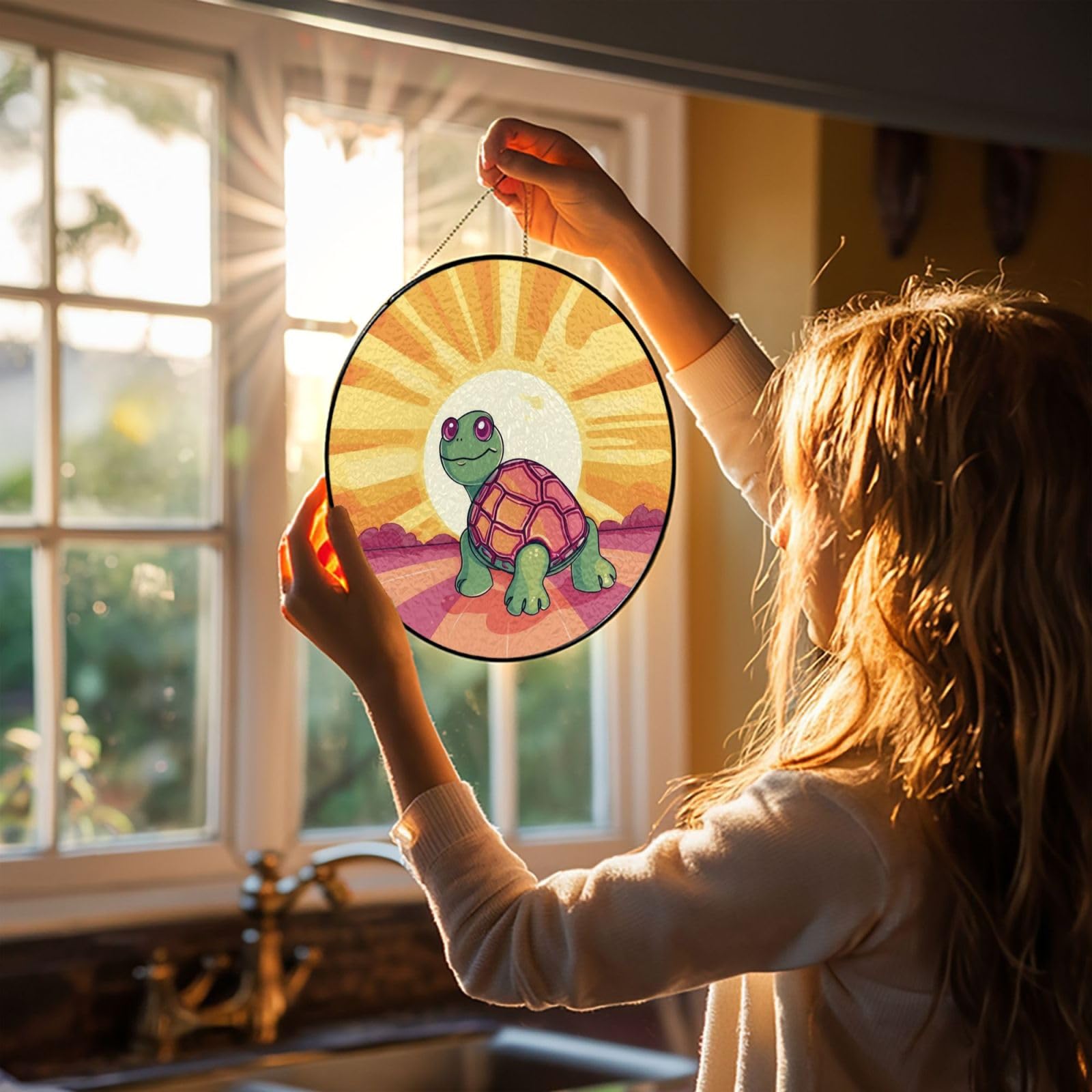 12in Stained Glass Window Hanging,Window Suncatcher Glass Panel with Metal Chain Turtle in The Sun Sun Catchers Wall Art Home Decor Gift for Women Mother's Day