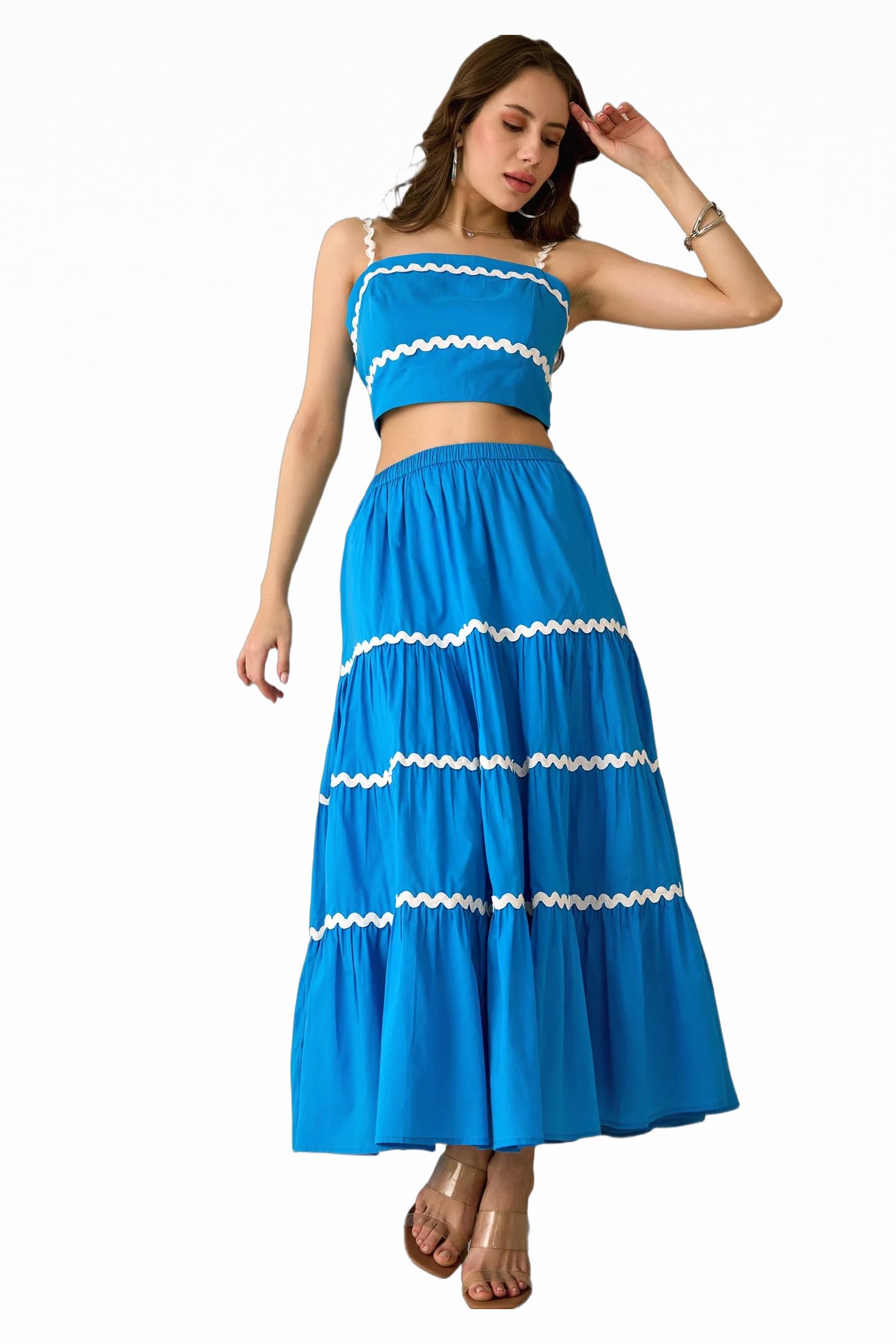 Solid Cotton Blue Tiered Maxi Flared Casual Skirts for Women