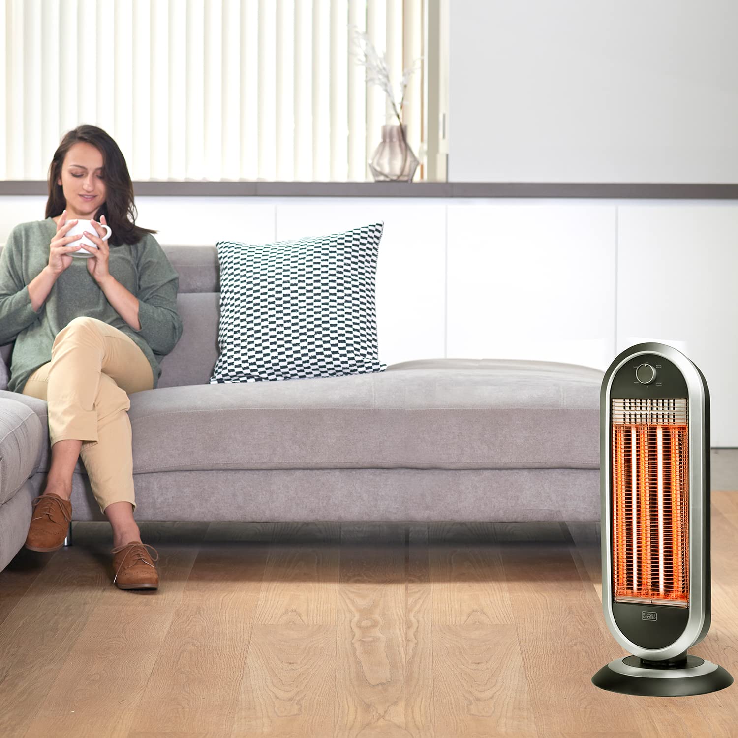 BLACK+DECKER BLACK + DECKER BXCSH900E - Radiatore elettrico in carbonio 900W, 2 potenze di riscaldamento, Superficie fino a 10m2, Sistema di sicurezza, Maniglia integrata, Oscillante, grigio