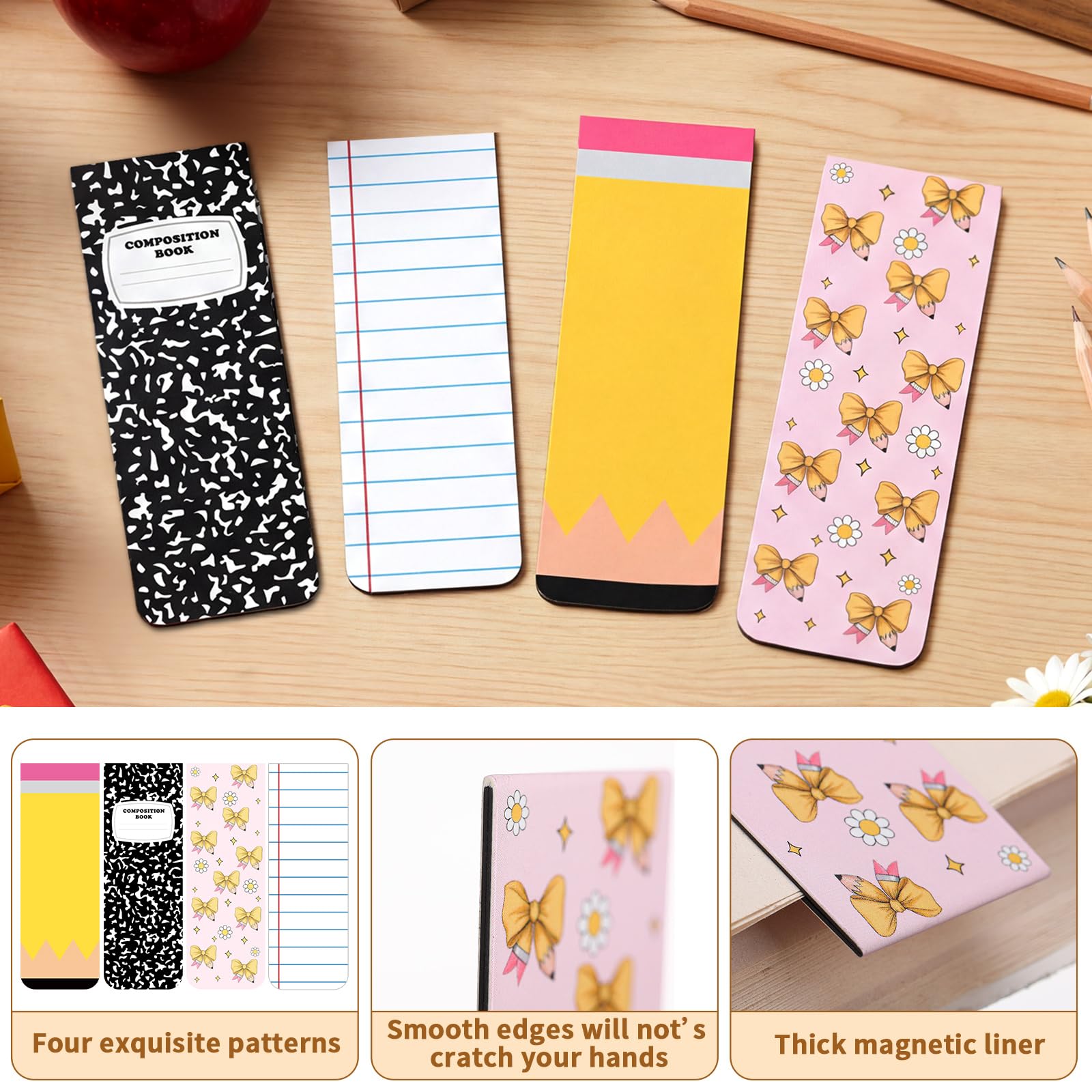 Lot de 12 grands marque-pages magnétiques pour enseignants - Fournitures de rentrée scolaire - 3,6 x 10,2 cm - Joli crayon - Marqueur de page pour enseignants, école, bureau, maison