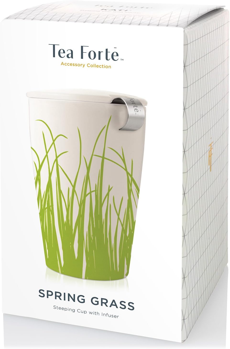 Tea Forté KATI Cup Ceramic Tea Brewing Cup with Infuser Basket and Lid for Steeping, Loose Leaf Tea Maker, Spring Grass