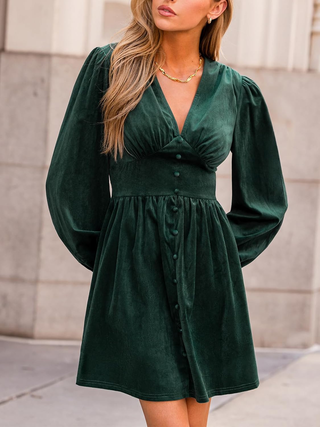 CUPSHE Women's Mini Party Dresses V Neck Button Long Sleeve Smocked Tunic Waist Casual Short Flowy Fall Cocktail Dress - Image 6