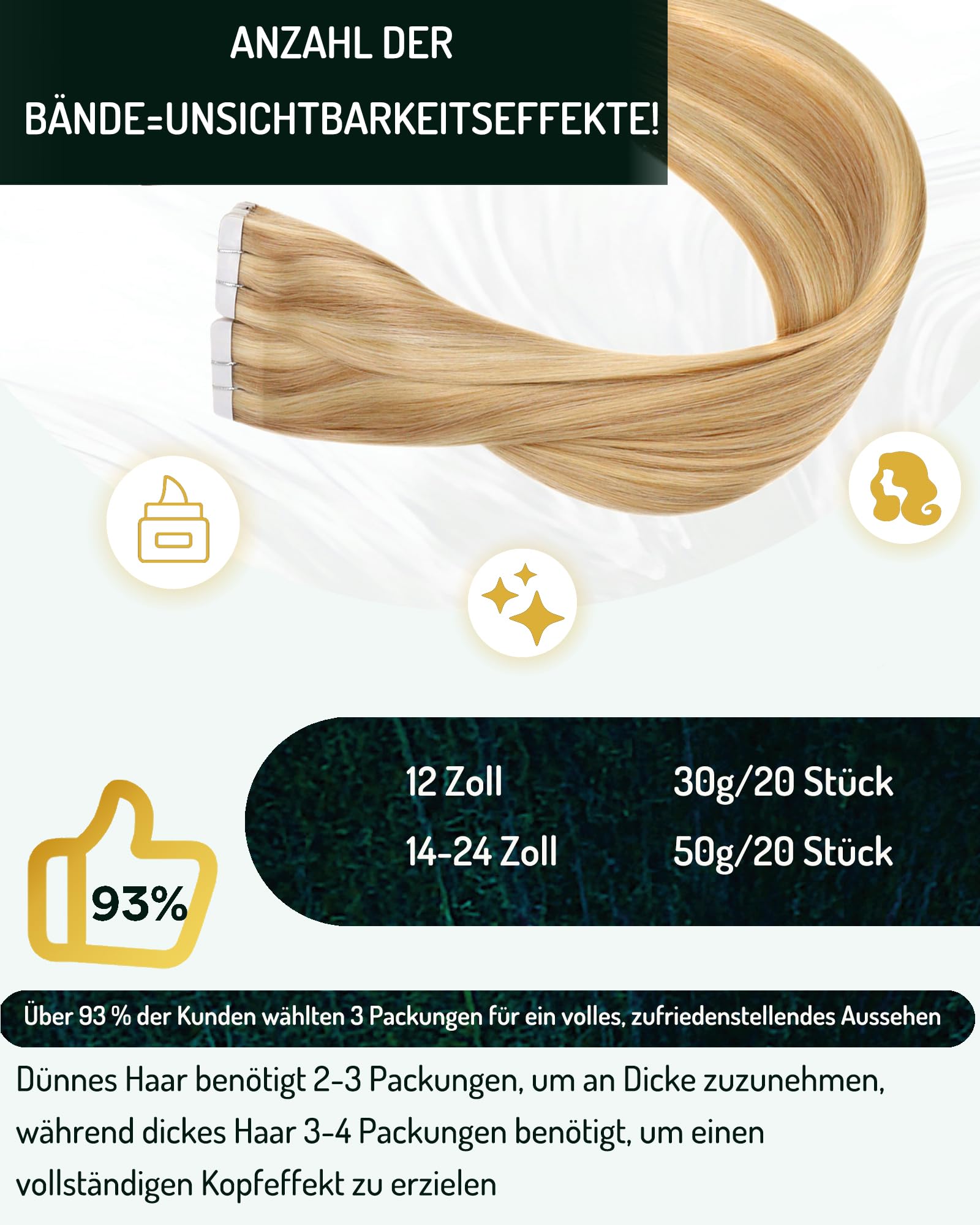 RUNATURE Extensions Echthaar Tape Blond Highlight 50cm 20pcs 50g #16P24 unsichtbar