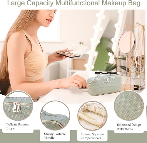 Miniatura 4 de GOLDORANGE Bolsa de maquillaje de viaje, bolsa de cosméticos a cuadros, bolsa de maquillaje portátil de gran apertura, se abre plana para un fácil
