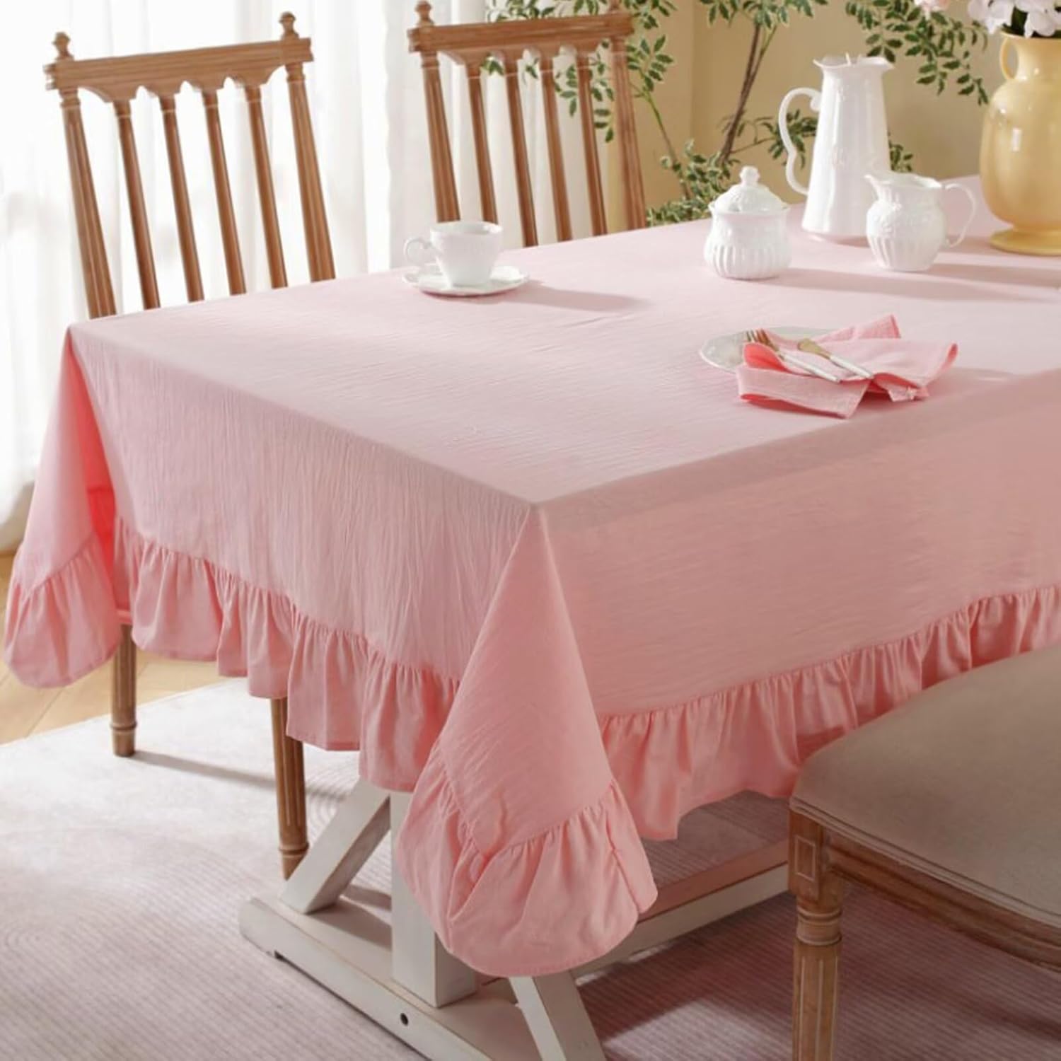 JadeRich Solid Color Ruffled Tablecloth Cotton Rectangular Square Table Cover Decoration for Kitchen Dinning