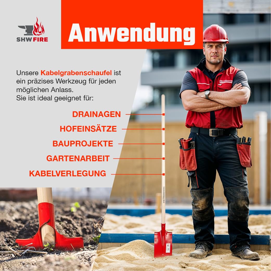 SHW-FIRE | Kabelgrabenschaufel 30x16 cm mit Trittschutz, robuster Spezialstahl, Langer Eschenholzstiel, ideal für schmale Gräben, Schaufel für Drainagen & Kabelverlegung | Made in Germany