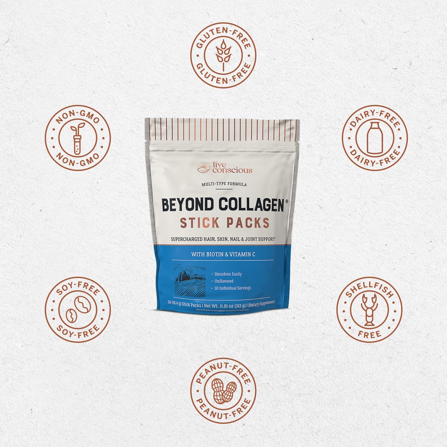 Live Conscious Beyond Collagen Peptides Powder Unflavored Packets - Hydrolyzed Collagen Powder - Hair Skin Nail & Joint Support - Multi Type Collagen Supplements for Women & Men - Image 6