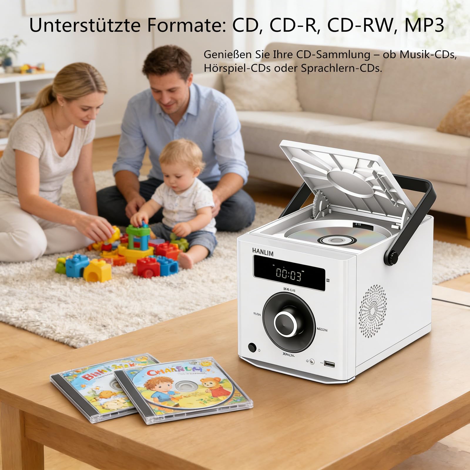 CD Player Tragbar mit Bluetooth, UKW Radio, 2000mAh wiederaufladbare Akku, MP3-Wiedergabe/USB/AUX-Eingang/Kopfhöreranschluss/Fernbedienung, 10W Lautsprecher, kompakter Tragbarer CD-Player, Weiß