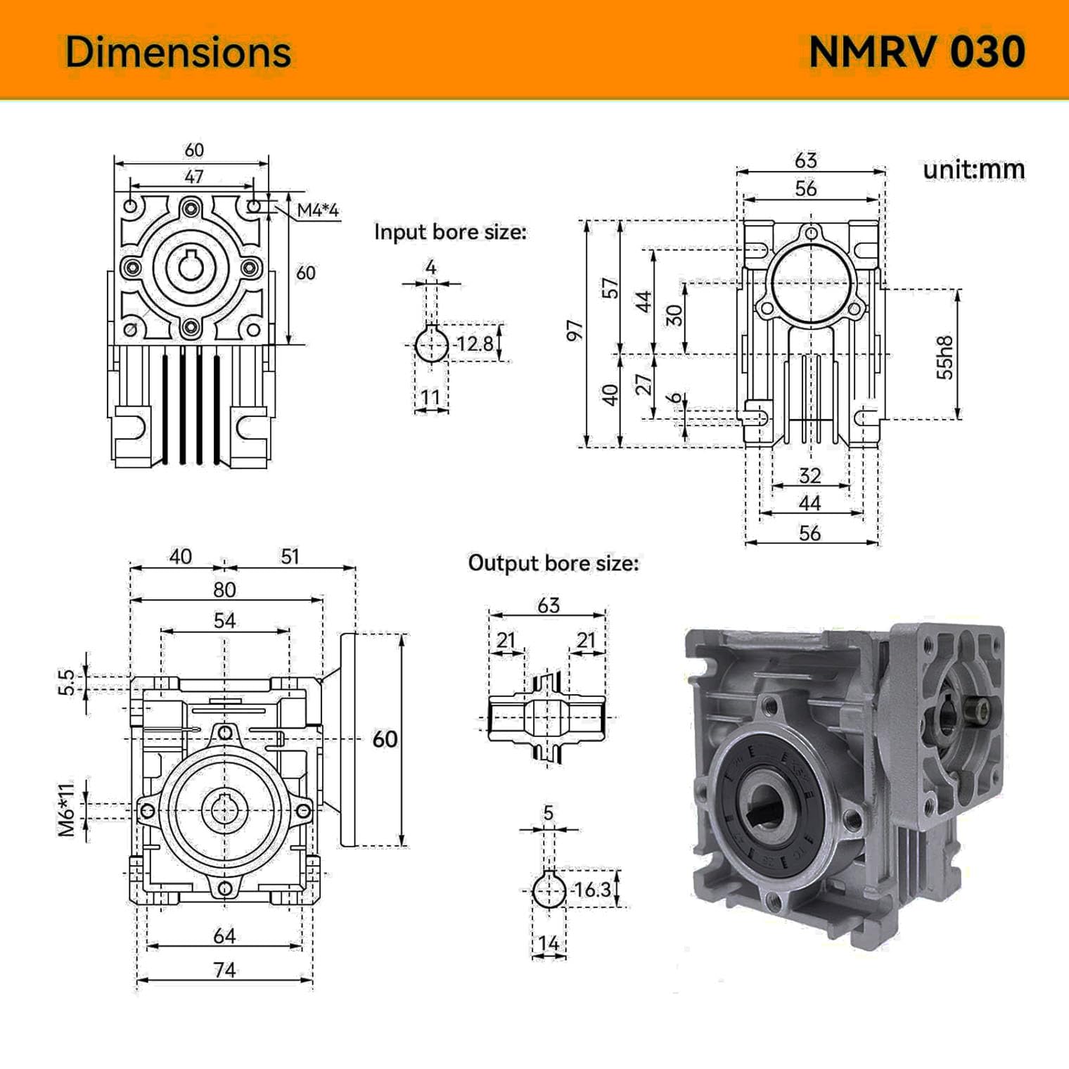 Schneckengetriebe, NMRV030 Schneckengetriebe, quadratischer Typ für Nema23 Schrittmotor/Servomotor, RV030 Ausgangsbohrung/Loch, 14 mm Schaft (Teilung: 47 mm) (15:1)