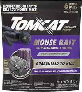 Tomcat Advanced Brand Mouse Bait with Refillable Station, Indoor and Outdoor Use, 1 Station and 6 Poison Block Refills
