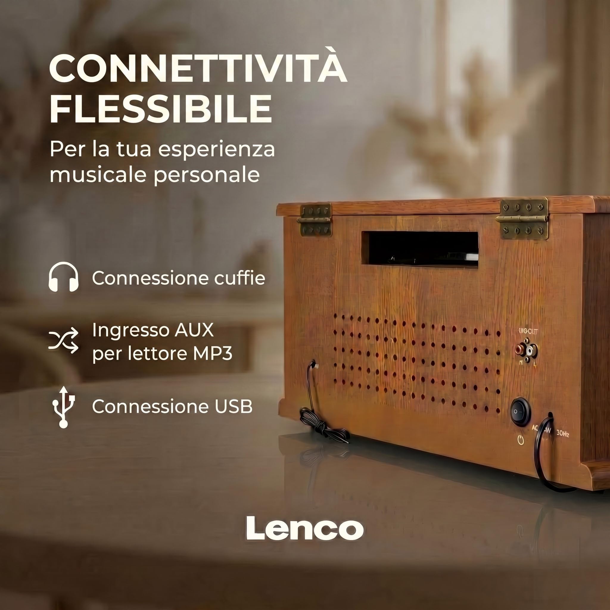 Lenco TCD-2571 Giradischi, Giradischi Vinili - Bluetooth - altoparlante, radio DAB+, lettore CD, 3 velocità, trasmissione a cinghia, 2 x 5 Watt, legno