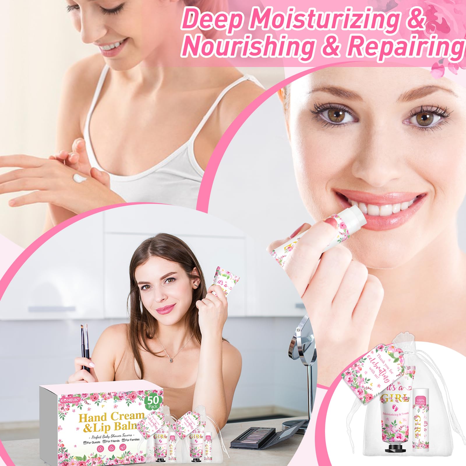 KONEUK 50 Stück Handcreme & Lippenbalsam, Großpackung, Geschenkset, Babyparty & Junggesellinnenabschied, Geschenke mit Dankeskarte & Organzabeuteln, Geschenk-Set