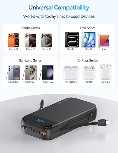 Miniatura 6 de Cargador portátil de batería con cables integrados, 32000 mAh, 22.5 W, USB C, carga rápida, 5 salidas, 3 entradas, paquete de baterías esenciales de