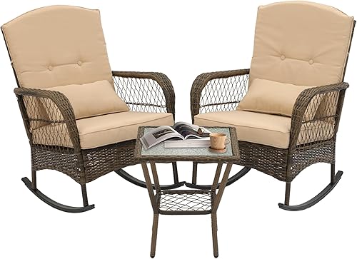 VINYUSE Juego de 3 sillas mecedoras de mimbre para exteriores, juego de sillas mecedoras de ratán para patio con cojines y mesa de centro de