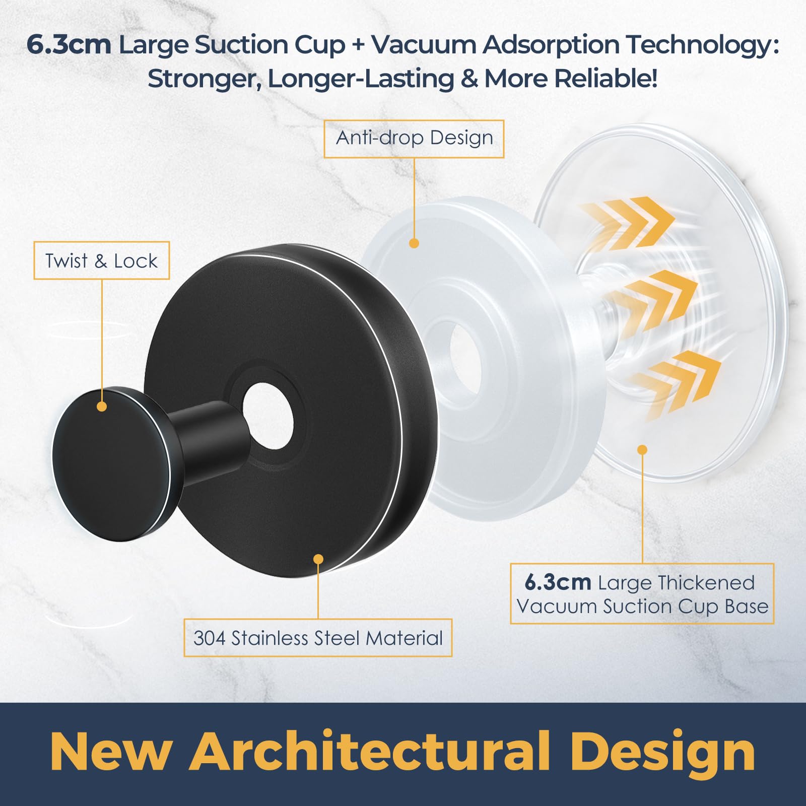 QQK Large Suction Cup Hooks for Shower,Glass Window&Door,Mirror,Reusable Shower Hooks,No-Drill Removable Towel Hooks for Bathroom,4 Packs(Matte Black) - 4