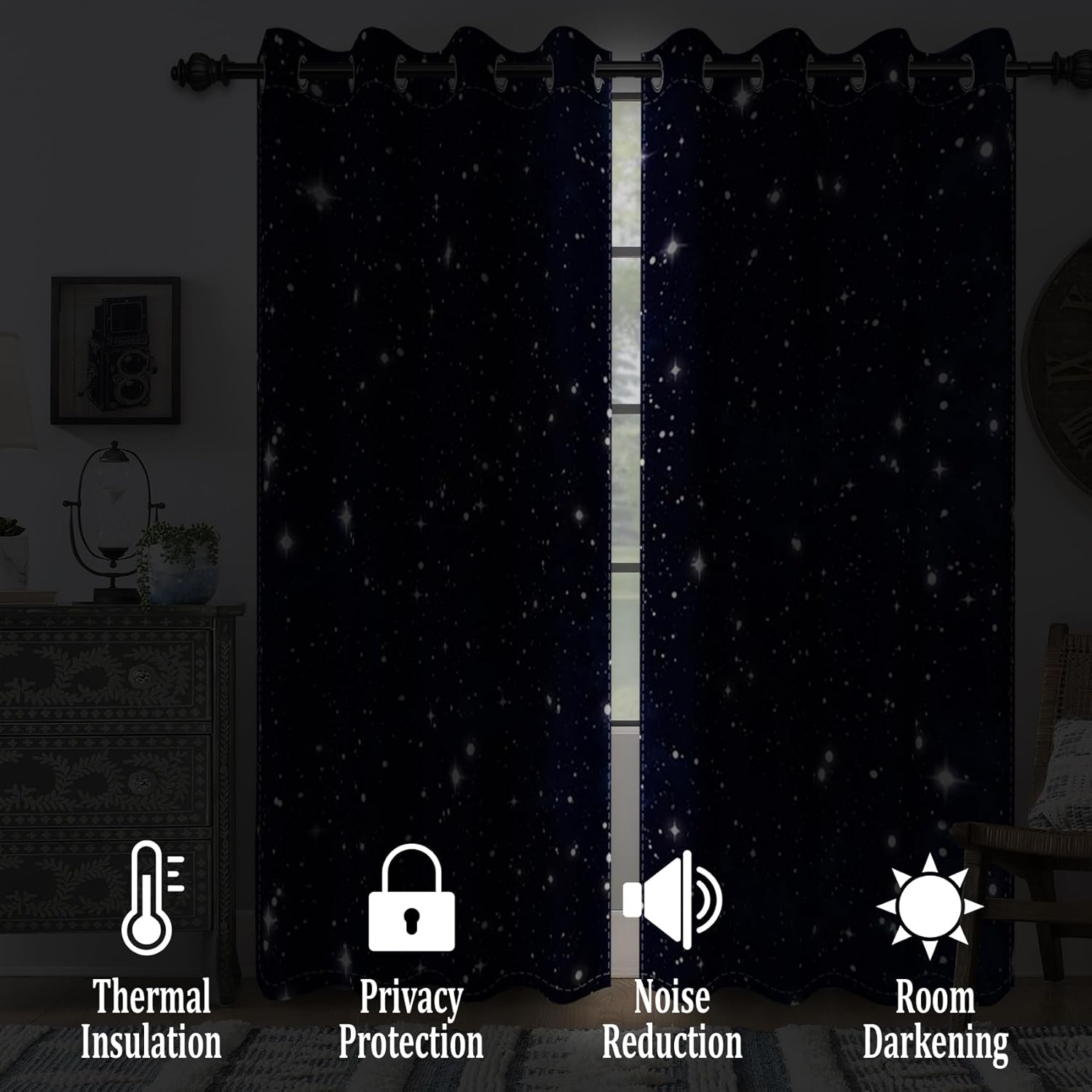 Renaiss Galaxy Starry Night Blackout Curtains for Bedroom Dark Blue Outer Space Universe Nebula Sky Star Window Curtain Drapes for Boys Kids Living Room Decor 2 Panels Set, 42x84 Inch