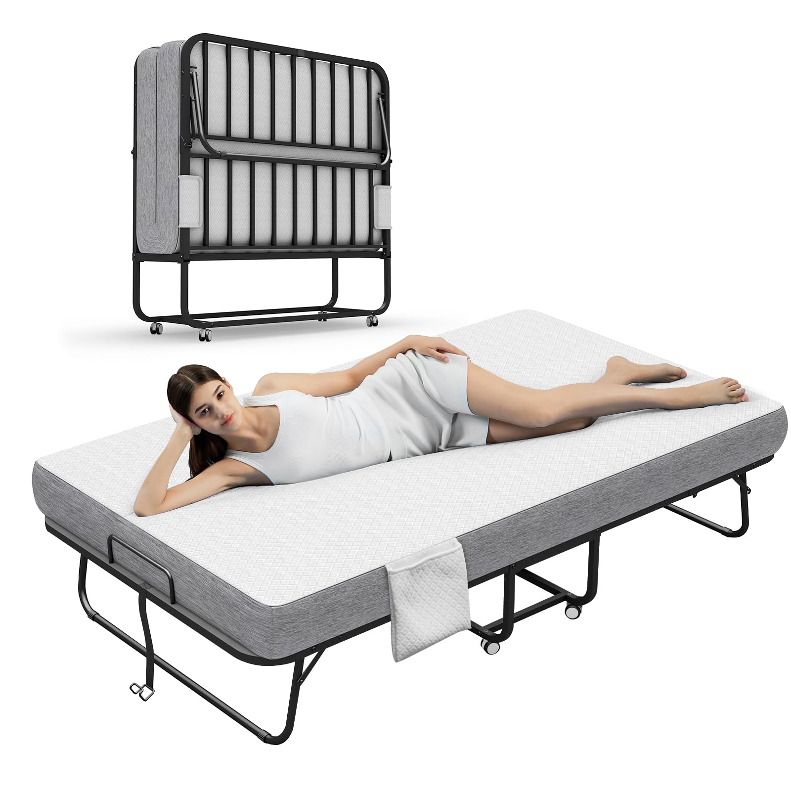 Espsilto Large Folding Bed with Mattress, 75‘’x46‘’ RollAway Bed for Guest, Extra Wide and Comfortable Sleep