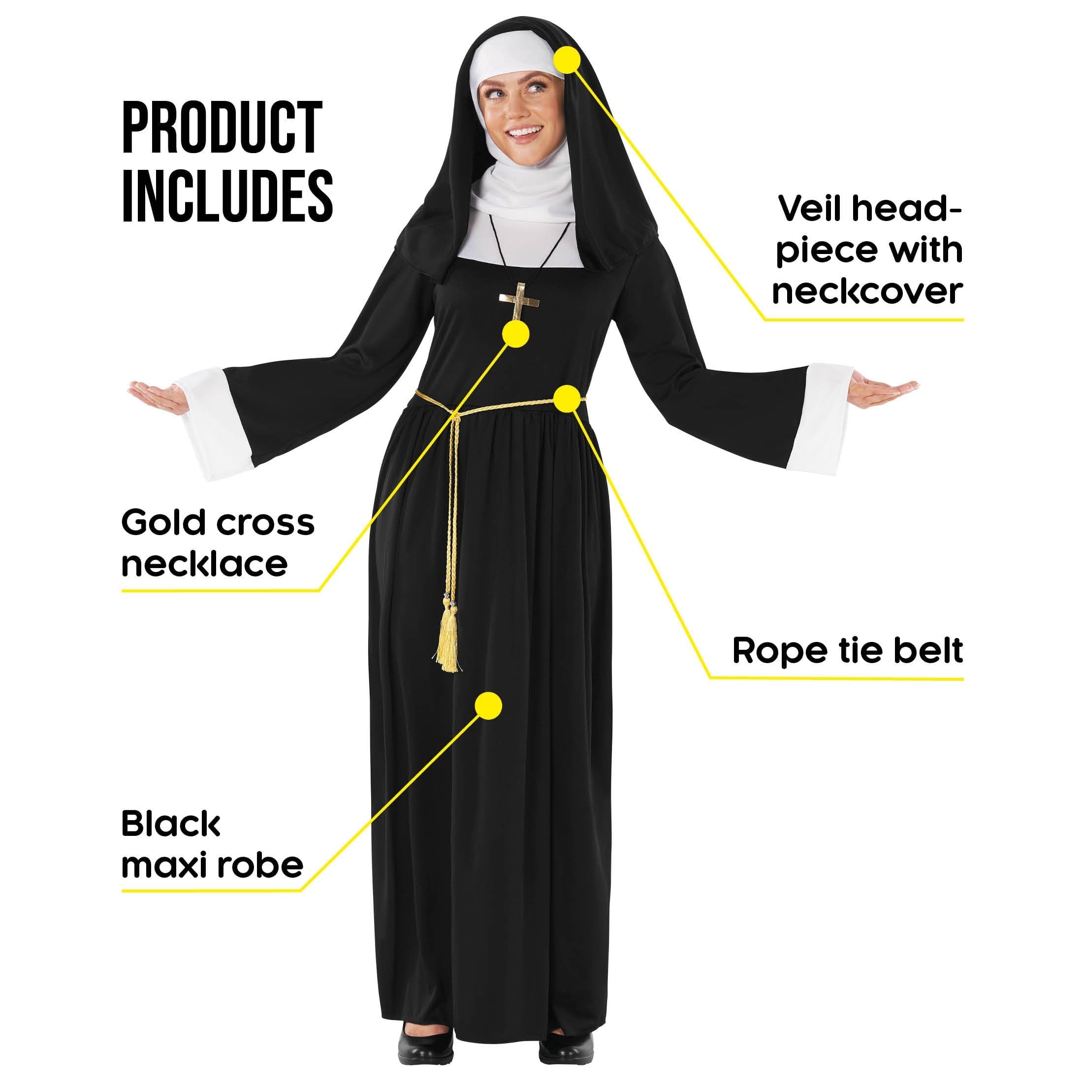 Morph Nonnenkostüm für Damen, Nonnen-Outfit mit Haube, Perfekt für Halloween und Karneval