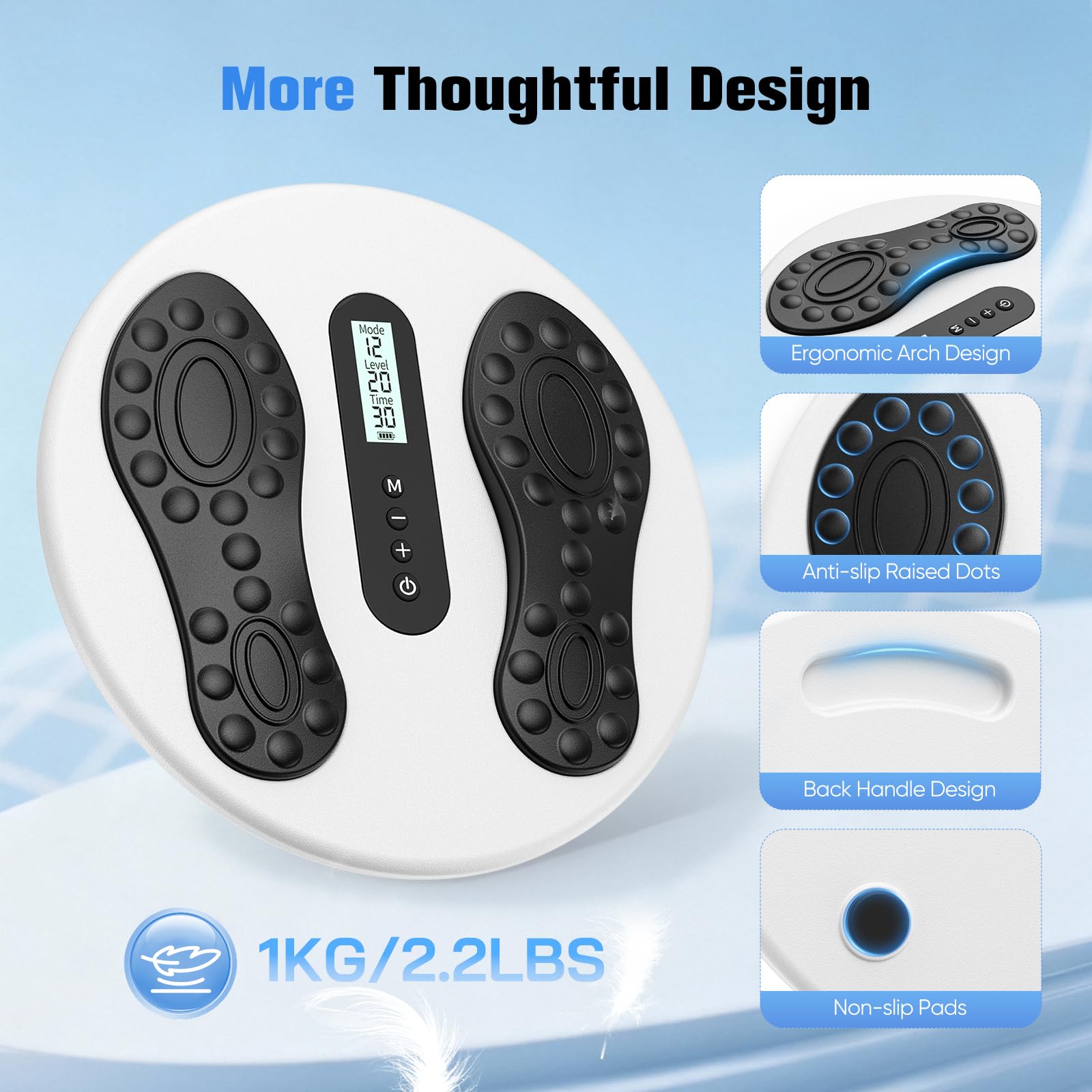 Estimulador de circulación para pies y piernas, masajeador de pies EMS con 8 almohadillas TENS, 12 modos y 20 niveles de intensidad, masajeador de pies eléctrico alivia neuropatías y circulación