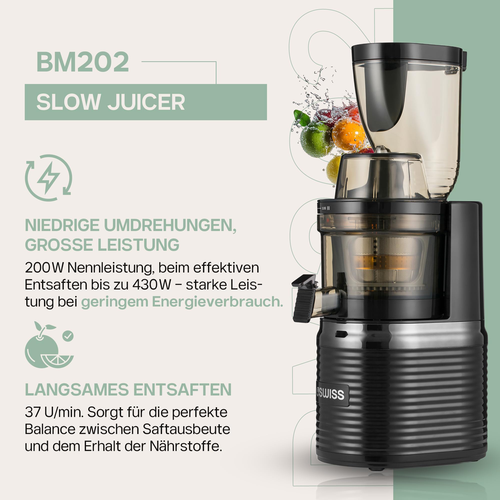 4Swiss Entsafter Saftpresse Elektrisch für Gemüse Obst Slow Juicer Machine mit Einfüllschacht - Kaltentsafter Fruchtpresse Presse Große Saftmaschine XL Leicht zu Reinigen Obstpresse - BM202 Schwarz