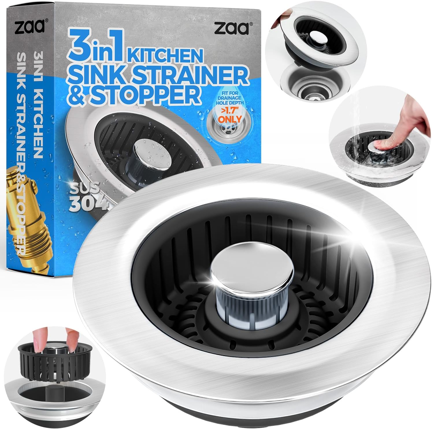 Sink Drain Strainer - 3 in 1 Kitchen Sink Stopper, Stainless Steel Kitchen Drain Plug & Cover with Anti-Clogging Basket Strainer, Fit US Standard 3-1/2'' Sink Drain Hole, Brushed Black