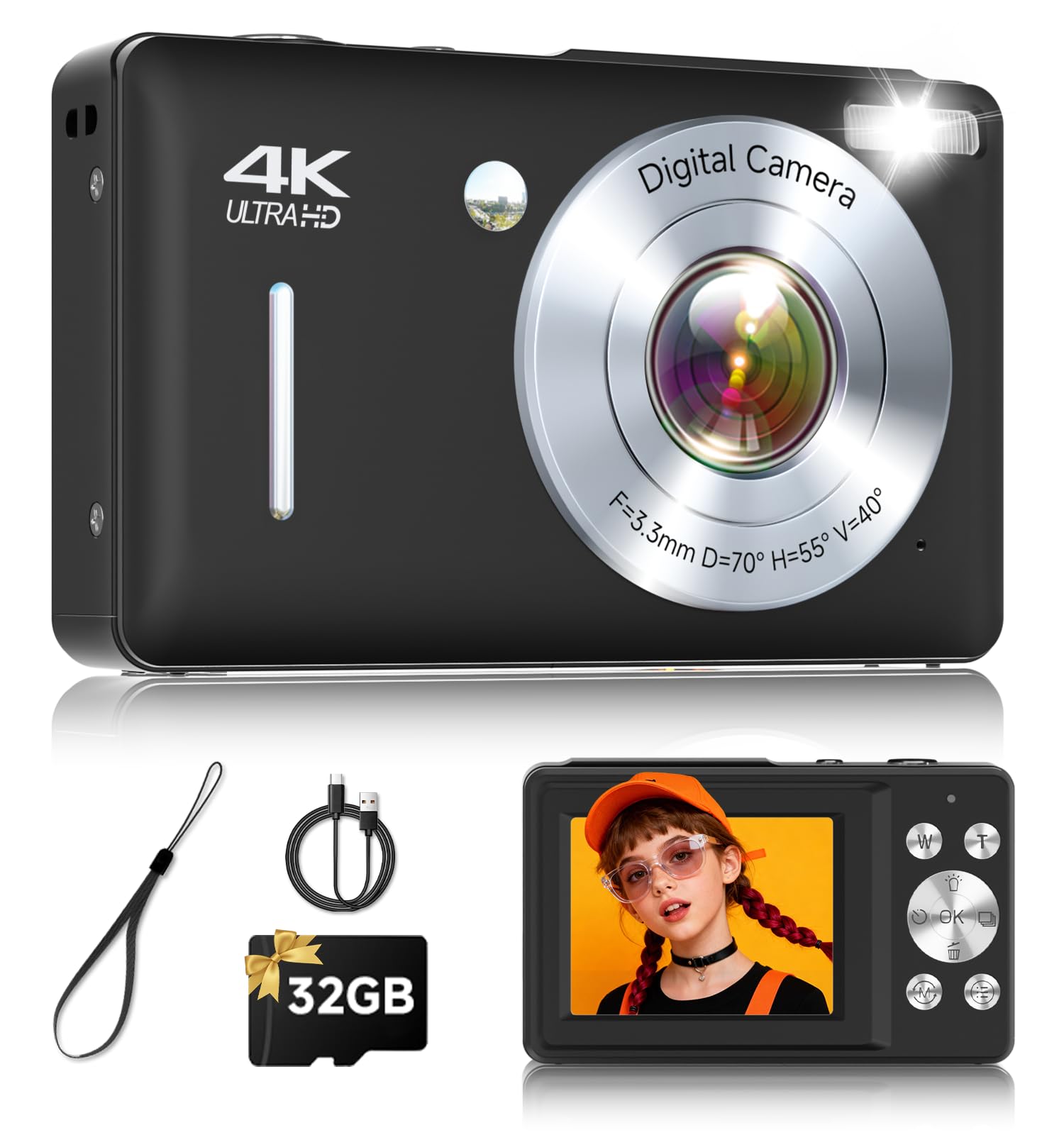 Digital Camera, 44MP FHD 1080P Point and Shoot Digital Camera with Anti Shake, Small Digital Camera with Face Detect, 32GB SD Card, 16X Zoom Camera for Kids, Teens, Boys, Girls Black