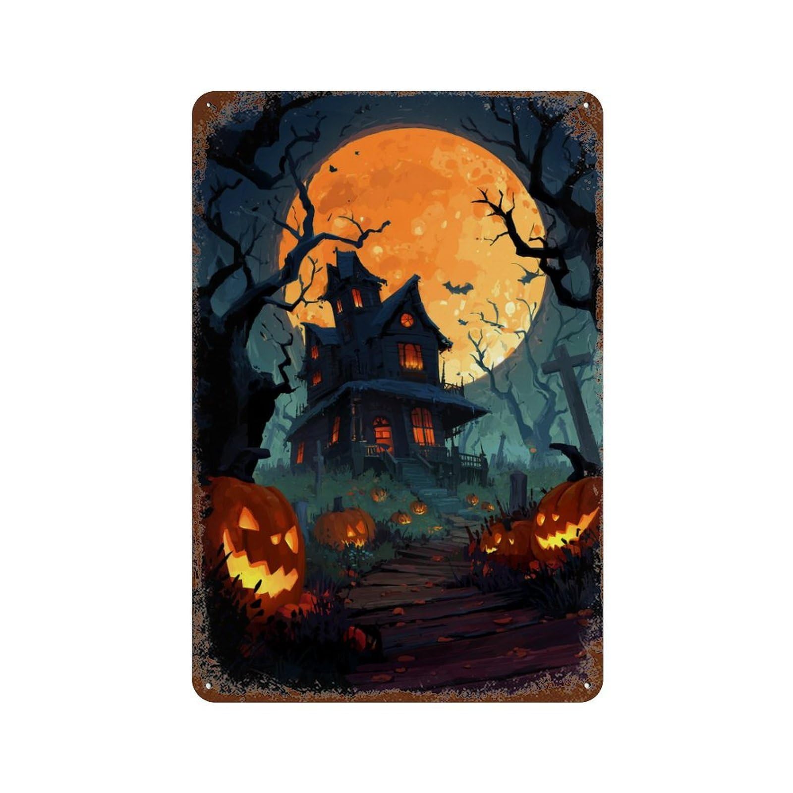 Halloween Haunted House Scene 11.8"x7.9" Decorative Tin Sign, Retro Wall Decor for Garage, Bar And Workshop Decor