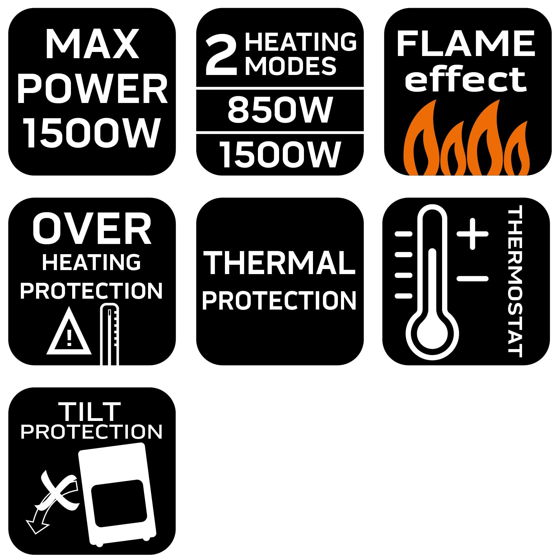 NEO TOOLS Caminetto elettrico, 1500 W, riscaldamento indipendente | Con effetto fiamma realistico, 2 livelli di calore e protezione da surriscaldamento, ideale per ambienti accoglienti