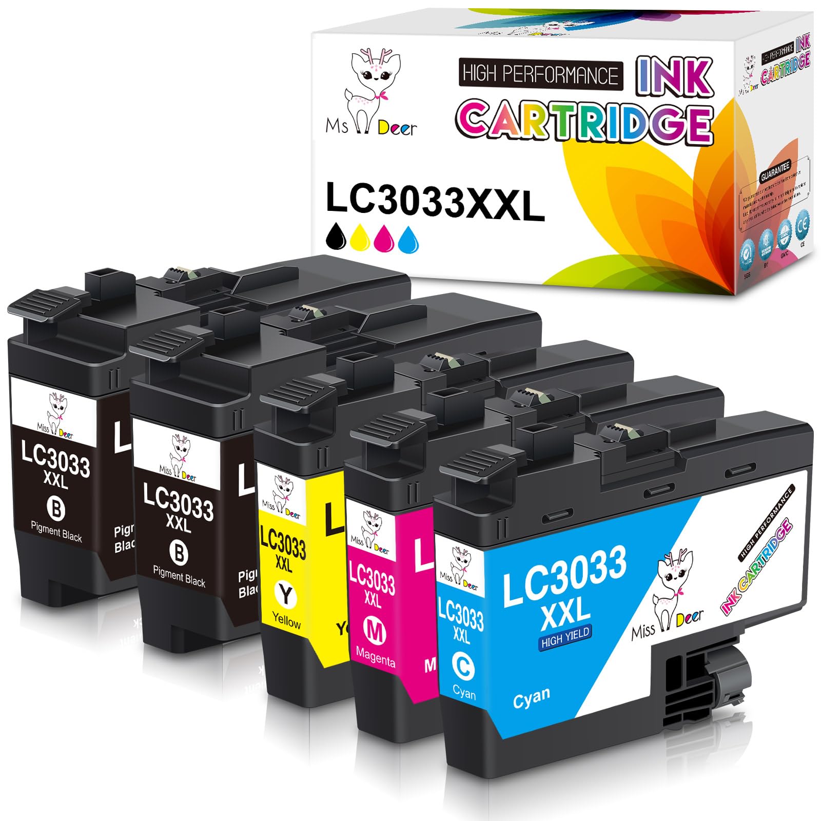 Miss DeerLC3033 Ink Cartridge BK/C/M/Y High Yield Replacement for Brother LC3033XXL LC-3033, Work for MFC-J995DW MFC-J995DWXL MFC-J815DW MFC-J805DW MFC-J805DWXL Printer