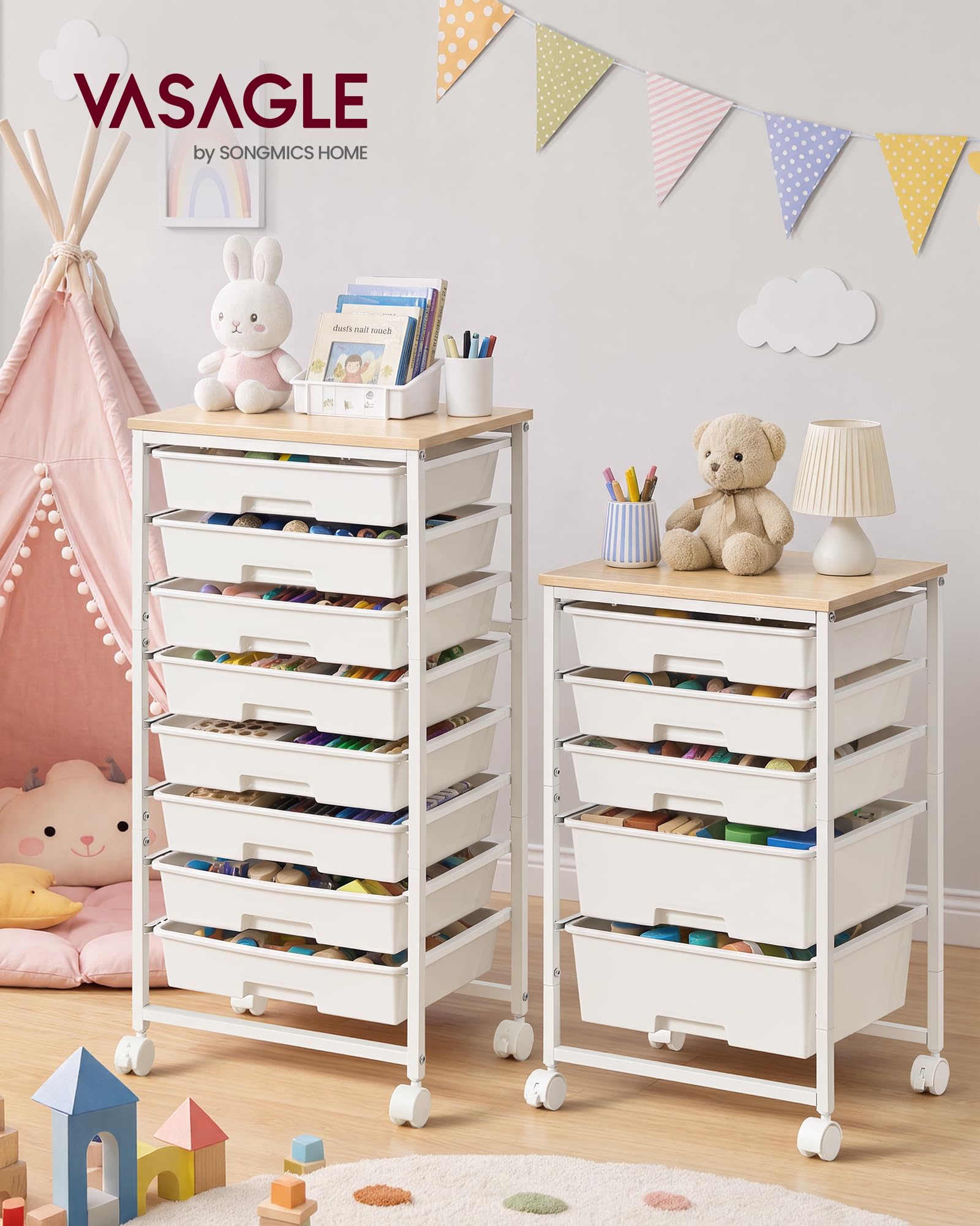 VASAGLE Carrito de Almacenamiento con 8 Cajones, Organizador con Ruedas, Carrito Auxiliar con Tablero de Madera, 39,5 x 28,5 x 76.5 cm, para Oficina, Salón, Blanco, Colección BENCO LRC006W101