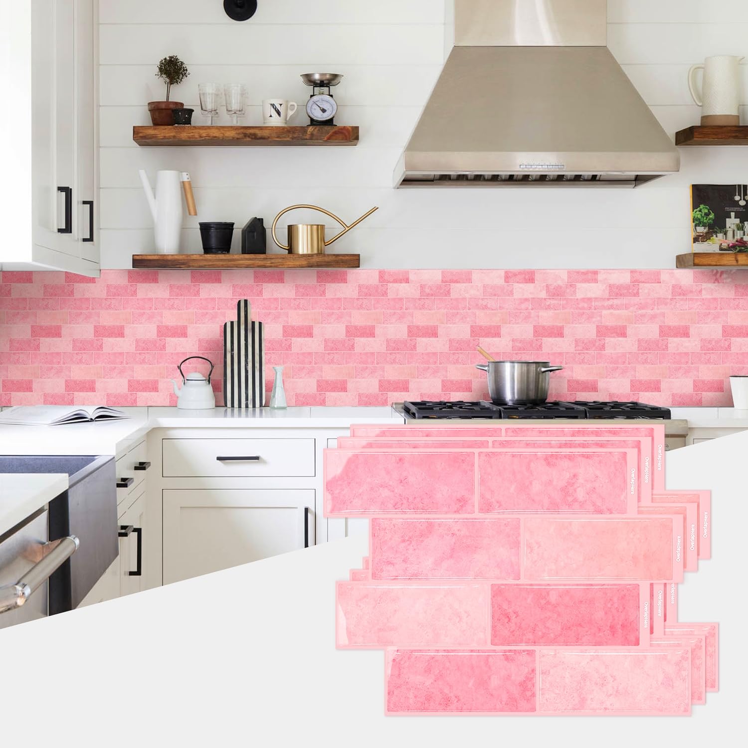 10 Sheets Marble Effect Tile Stickers, Peel and Stick on Tiles for Kitchen Bathroom Wall Backsplash Vinyl Waterproof Self Adhesive Tile Decals Covers (Pink)